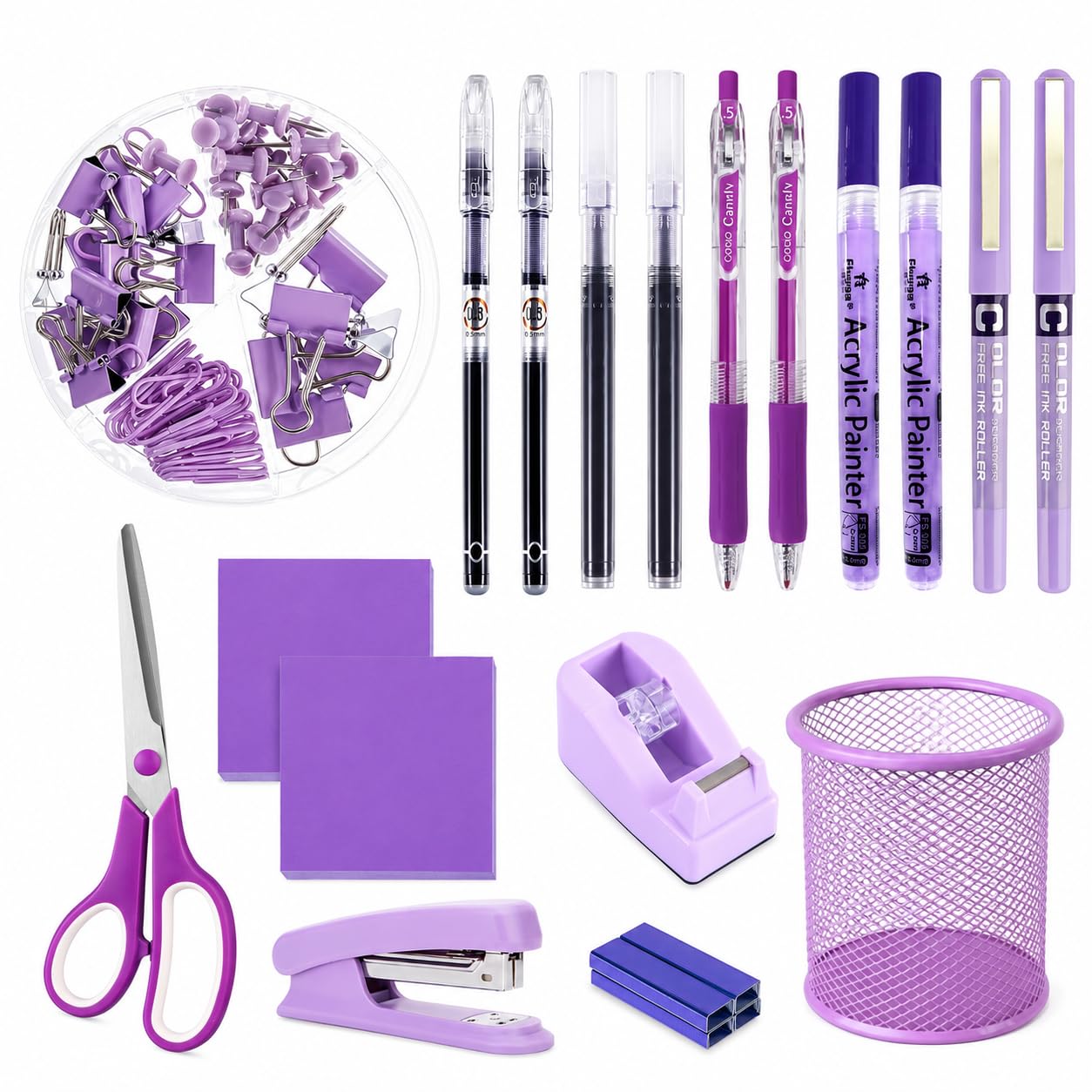 18PCS Office Desk Supplies Set, 10 Writing Pens Including Ballpoint Pens Markers and Highlighters, Scissors, Stapler with Staples, Tape Dispenser, Pen Holder, 2 Sticky Notepads and Assorted Push Pin