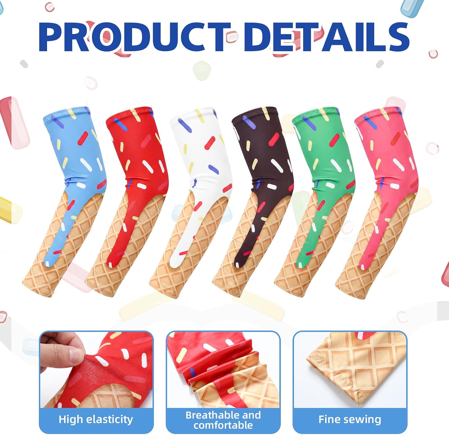 6 Pairs Baseball Arm Sleeves Youth Ice Cream Drip Sleeves Baseball Compression Sleeve Kid UV Protection