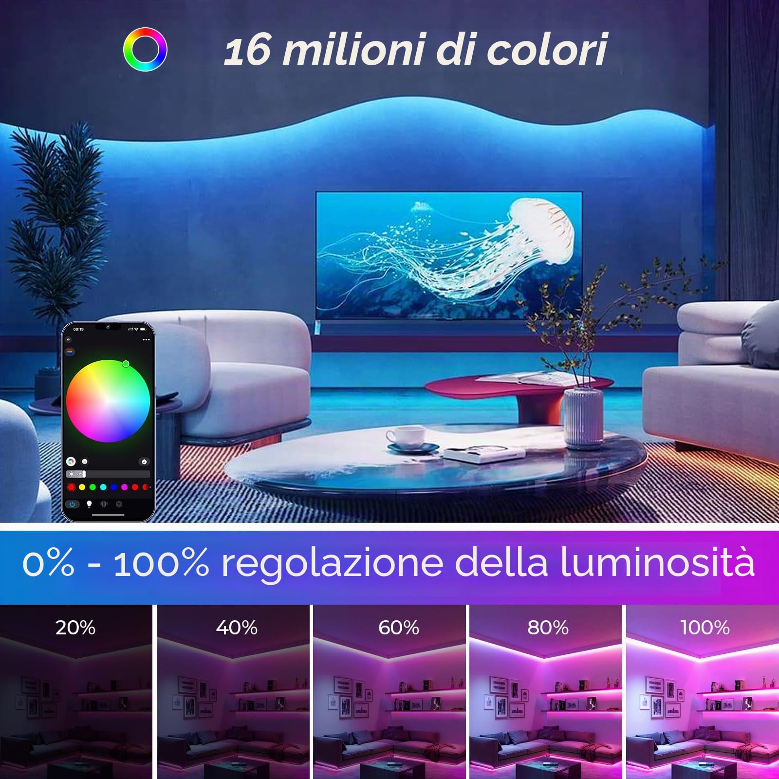 Striscia LED COB 10 m 576 led RGB, WiFi Striscia LED 24 V 5 A App & Telecomando Controllo, Striscia luminosa Compatibile con Alexa e Google Home, Decorazione per la casa cucina Television