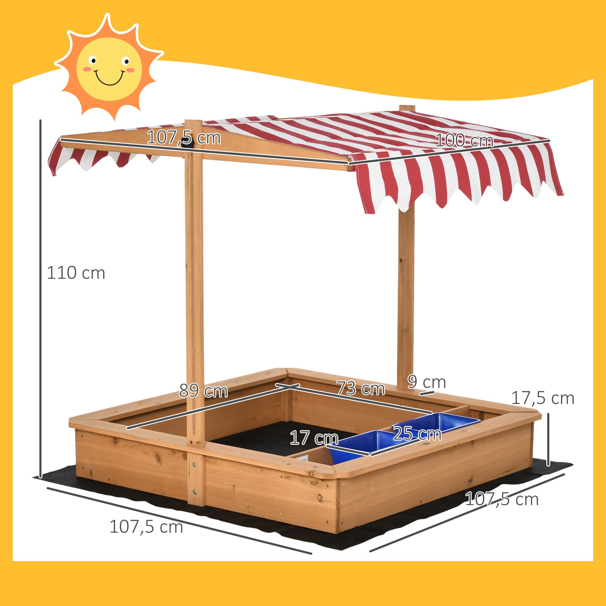 Outsunny Sandkasten 107,5 x 107,5 cm Mit Höhenverstellbarer Abdeckung | Kinder Sandbox, Sandkiste Aus Holz, Für Kinder 3-7 Jahre, Garten Terrasse Balkon