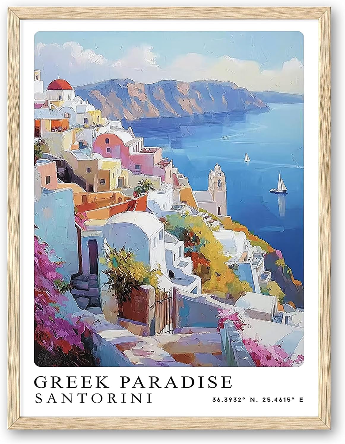 - Natural Oak Frame Wall Art, 12X16 inch Greek City Tourist Landscape Poster Canvas Wall Printing, Classic City Landmark Wall Decoration, Suitable Bedroom for Living Room