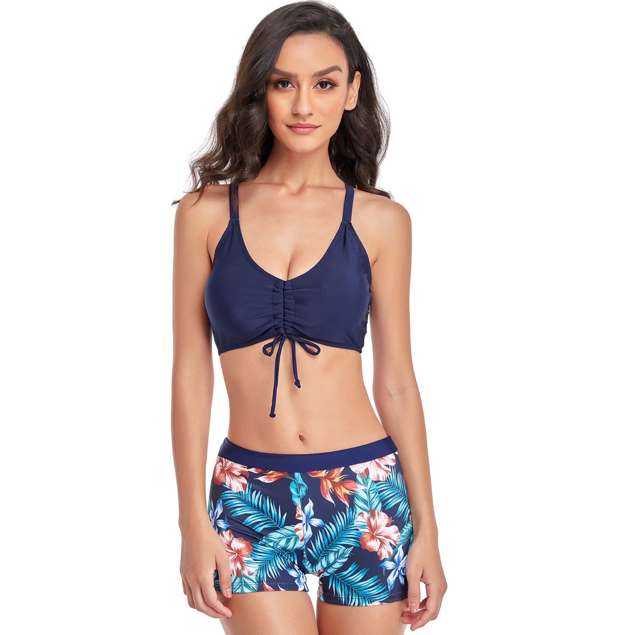 Dwuczęściowy kostium kąpielowy damski, zestaw bikini, kwiatowy wzór, bikini, push up, strój kąpielowy, top, na lato, szorty kąpielowe