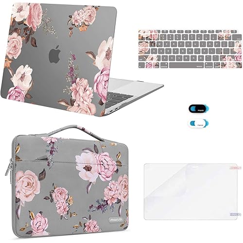 MOSISO Compatible with MacBook Air 13 inch Case 2022, 2021, 2020-2018 Release A2337 M1 A2179 A1932 Retina Display, Plastic Peony Hard Shell Case&Bag&Keyboard Cover&Webcam Cover&Screen Protector, Grey