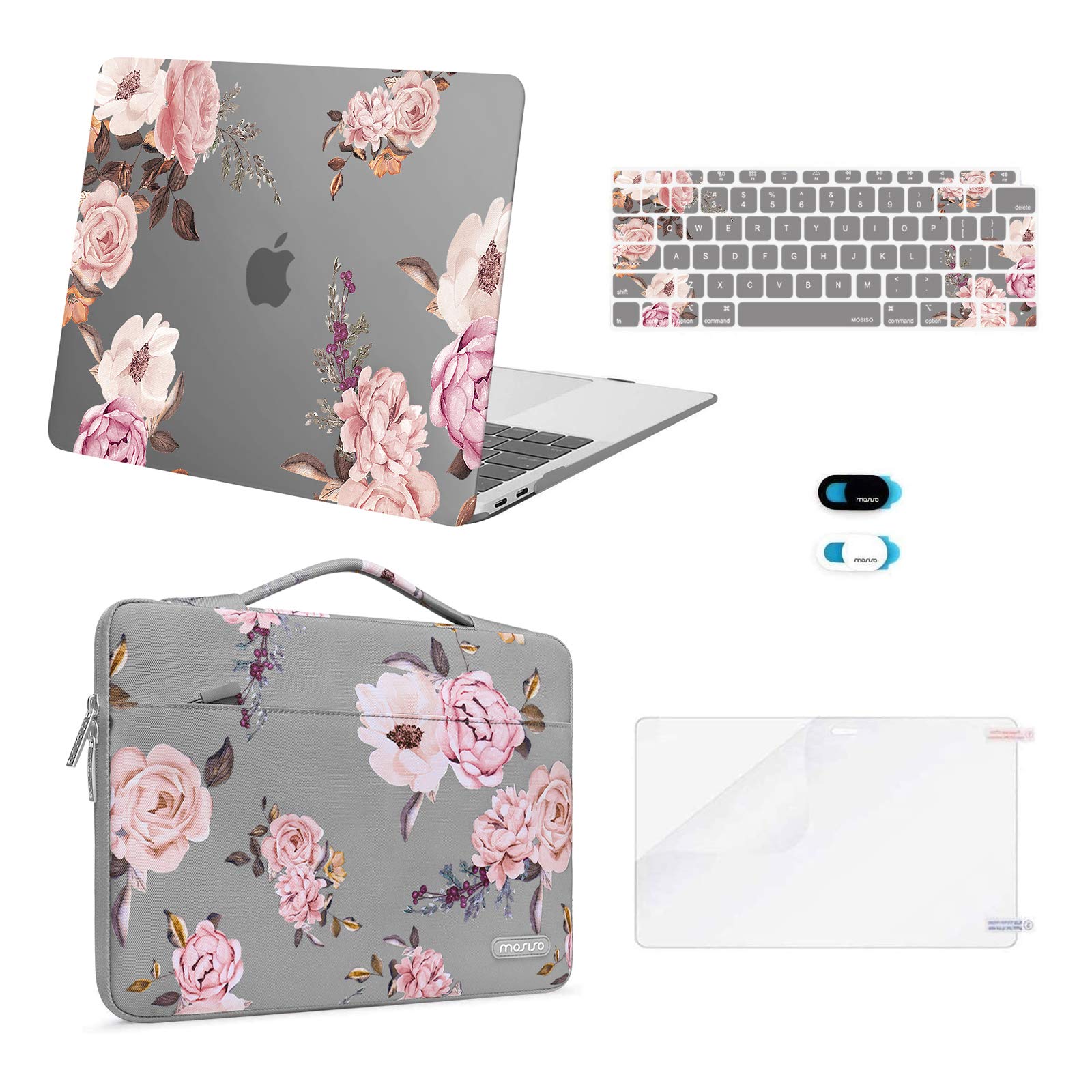 MOSISOCompatible with MacBook Air 13 inch Case 2022, 2021, 2020-2018 Release A2337 M1 A2179 A1932 Retina Display, Plastic Peony Hard Shell Case&Bag&Keyboard Cover&Webcam Cover&Screen Protector, Grey