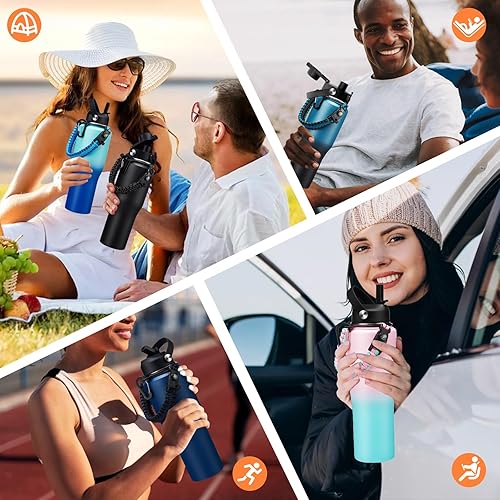 Miniatura 7 de Botella de agua de acero inoxidable de 32 onzas con pajilla, tapa de boquilla, bolsa de transporte, mantiene el frío 48 horas y caliente, botellas