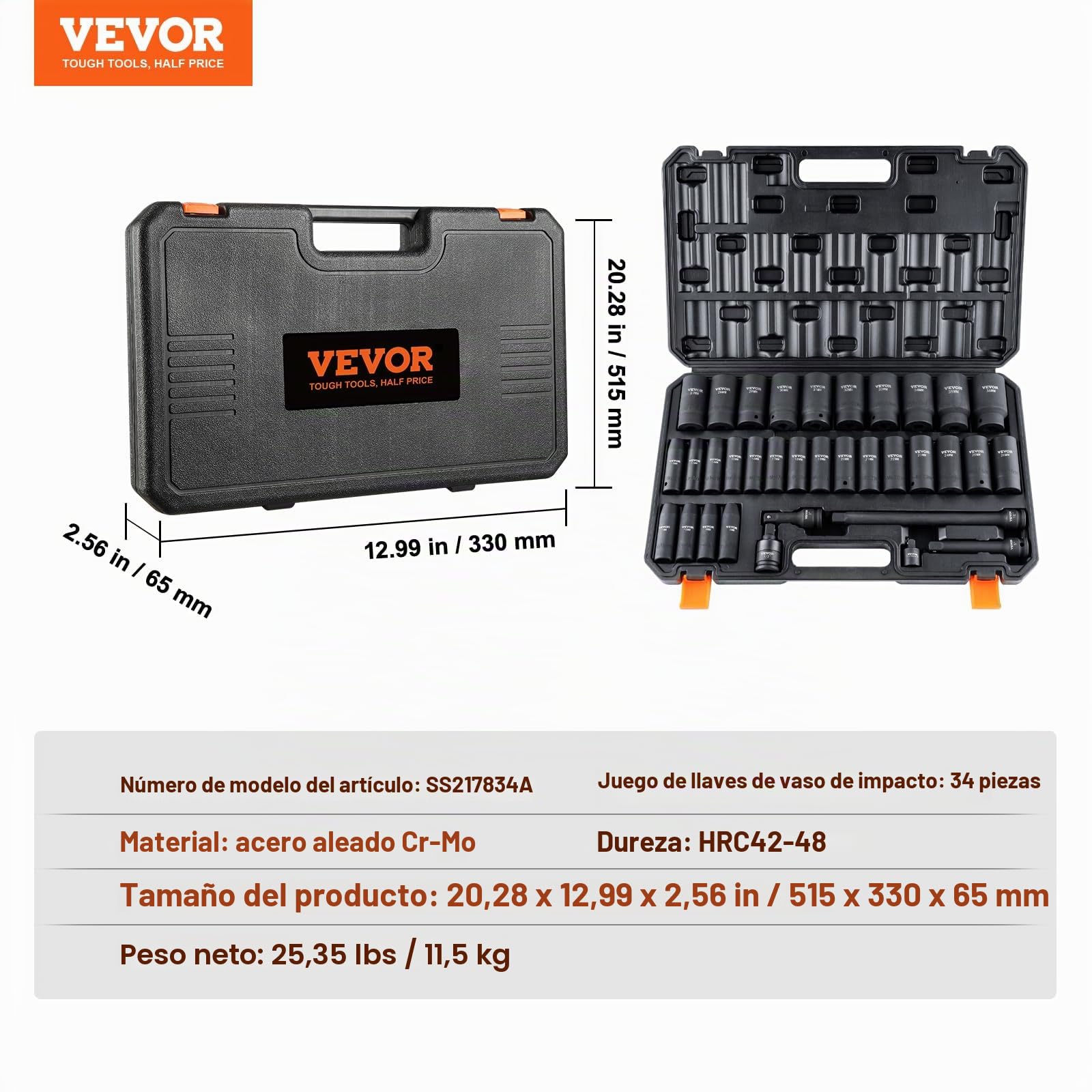VEVOR Juego de Vasos de Impacto 1/2" Juego de Vasos de Impacto Métricos 34 Piezas 29 Enchufes Acero de Aleación CR-Mo Dureza HRC 42-48 Marcador de Tamaño Sólido con Estuche para Reparación