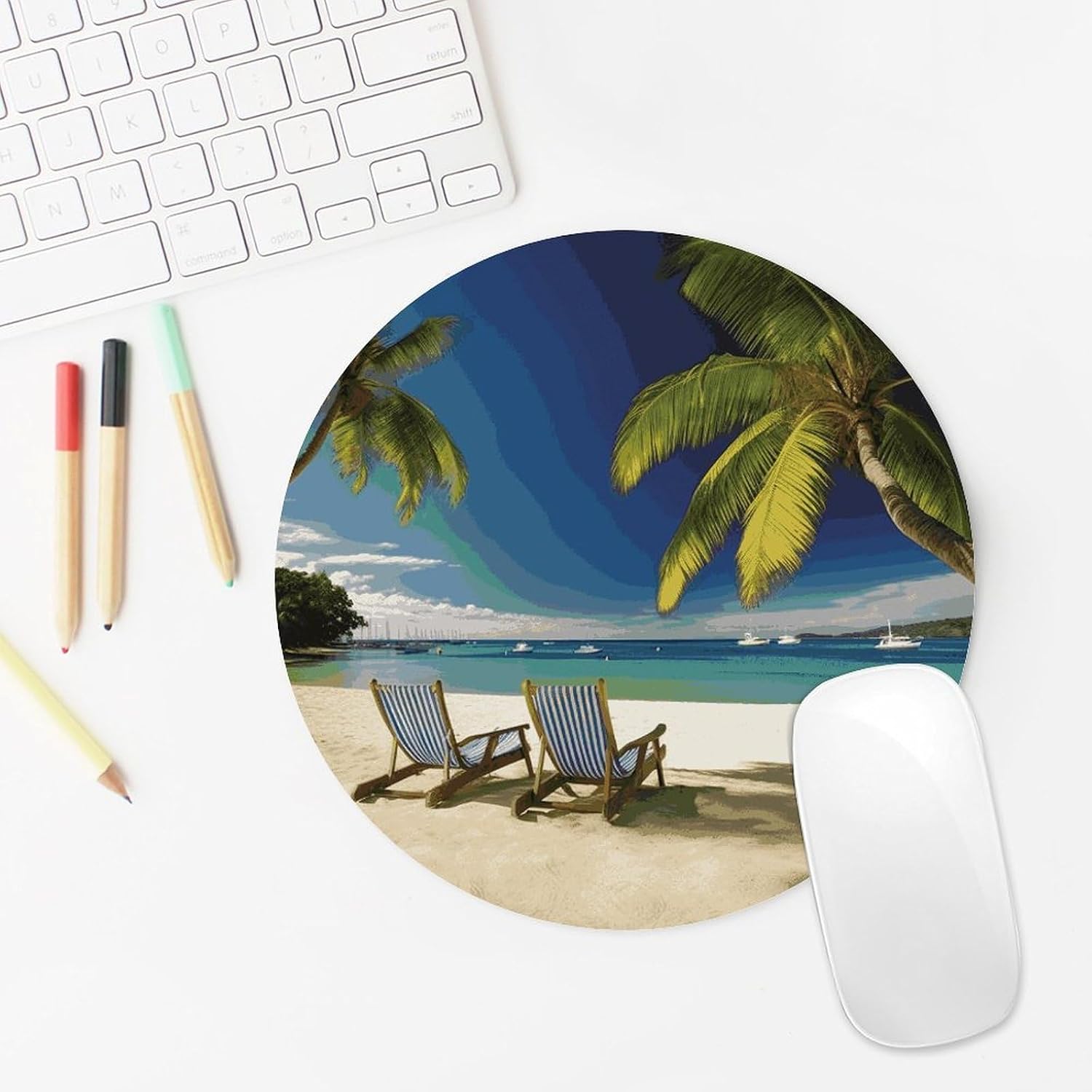 Beach Palm Tree Chairs Boats Mousepad Cute Small Round Mousepad for Wireless Mice Gaming Work Laptop Mini Computer Mousemat Home Decor Office Desk Accessories 7.8 X 7.8 Inch image 5