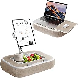 膝上テーブル ラップデスク クッション付き ノートパソコンスタンド タブレットスタンド 3WAY ノートPC対応（15インチまで）360°調整アーム 滑り止め 安定設計 収納ボックス カップホルダー付き 軽量 ベッドテーブル ソファー 車内 在宅ワーク 読書 動画視聴 ベージュ