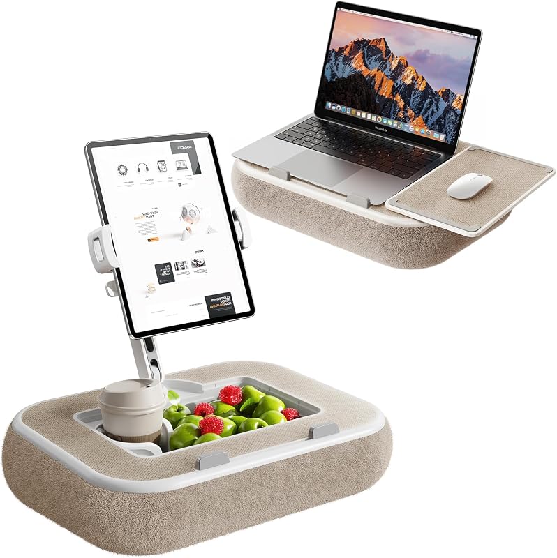 膝上テーブル ラップデスク クッション付き ノートパソコンスタンド タブレットスタンド 3WAY ノートPC対応（15インチまで）360°調整アーム 滑り止め 安定設計 収納ボックス カップホルダー付き 軽量 ベッドテーブル ソファー 車内 在宅ワーク 読書 動画視聴 ベージュ