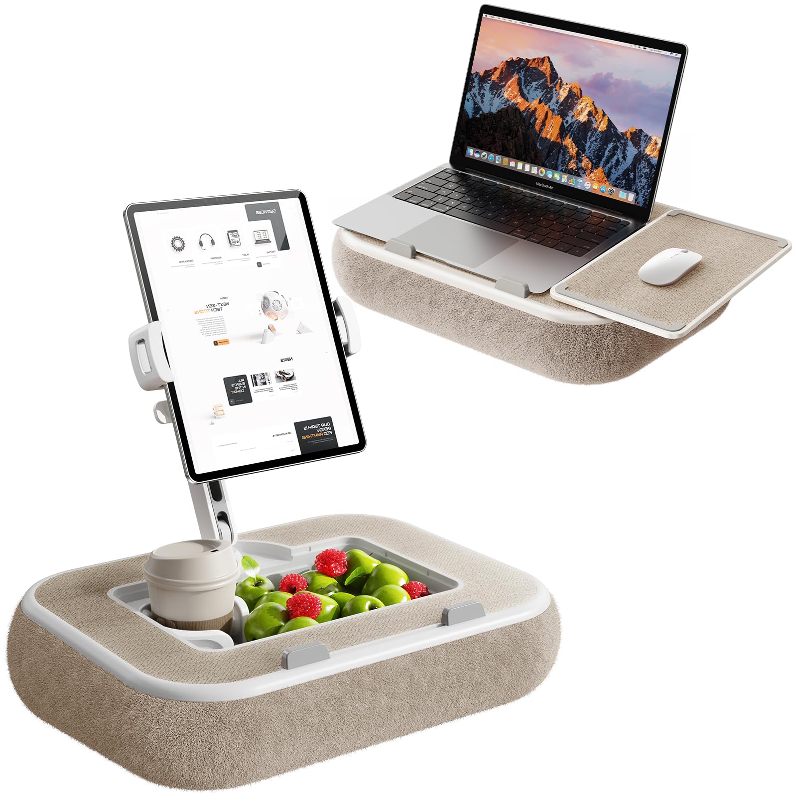 膝上テーブル ラップデスク クッション付き ノートパソコンスタンド タブレットスタンド 3WAY ノートPC対応（15インチまで）360°調整アーム 滑り止め 安定設計 収納ボックス カップホルダー付き 軽量 ベッドテーブル ソファー 車内 在宅ワーク 読書 動画視聴 ベージュ