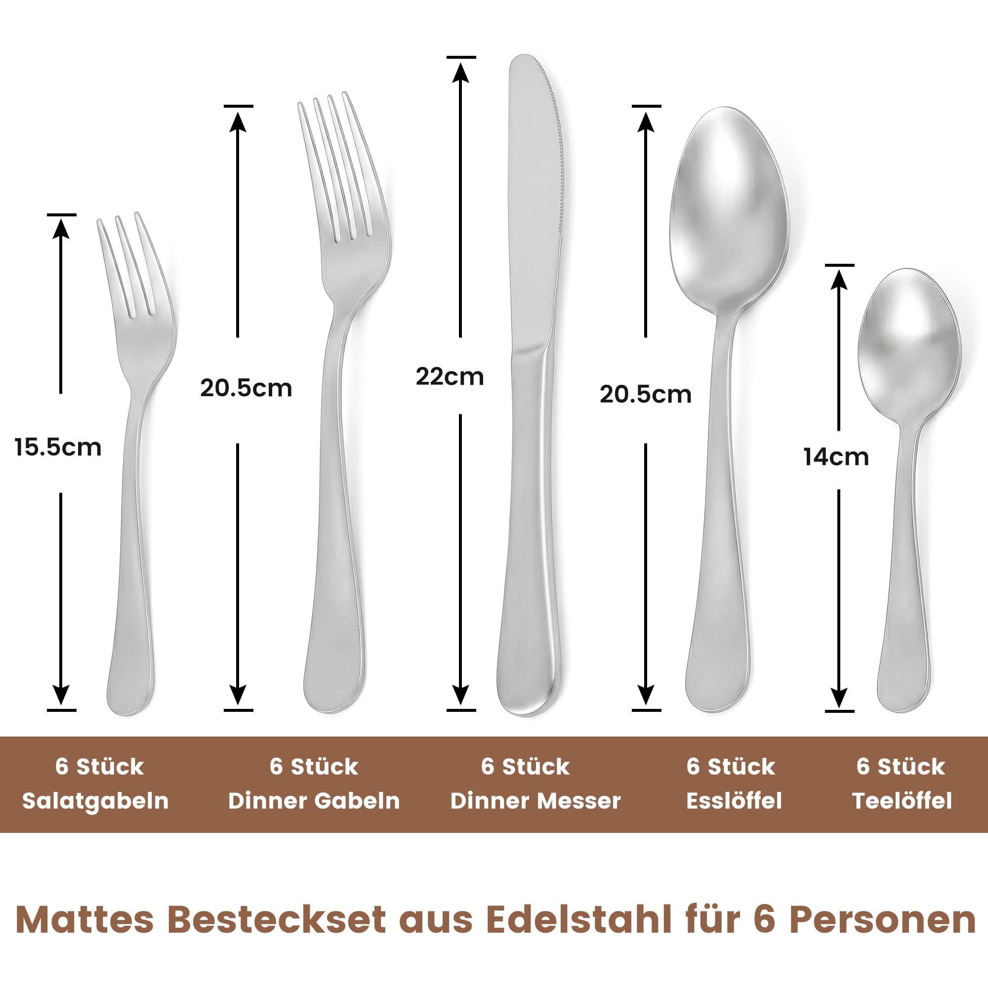 Besteckset 30-teilig für 6 Personen, Hochwertiges Besteck Set aus Edelstahl, Essbesteck Set mit Löffel, Gabel und Messer für Alltag und Gäste, Silber