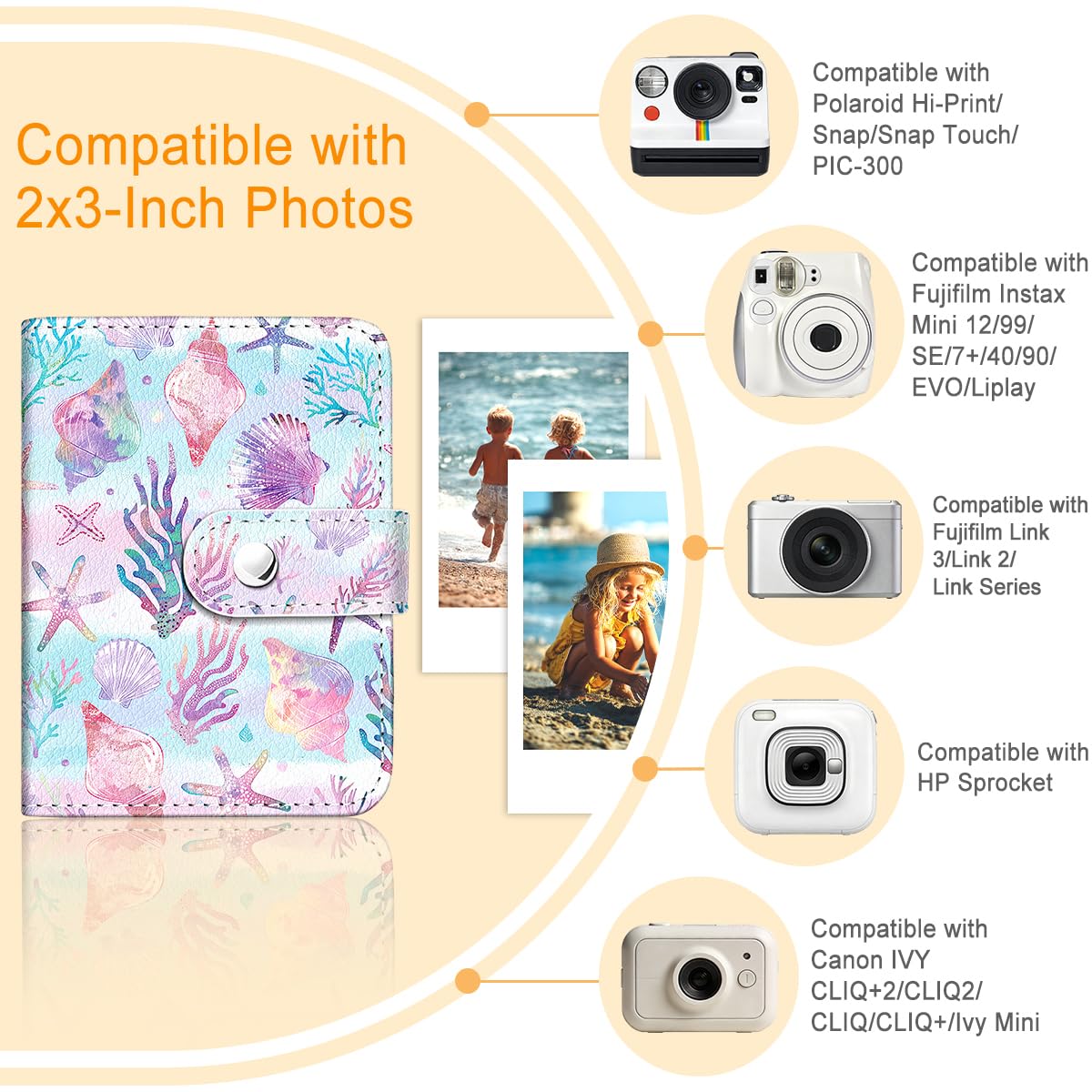 Mini álbum de fotos para fotos de 2 x 3 pulgadas, diseño de concha de mar y concha, libro de fotos pequeño con 56 bolsillos, compatible con Polaroid Snap, Fujifilm Instax Mini, HP Sprocket