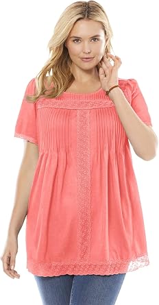 Woman Within Plus Size Lace-Trim Pintucked Tunic