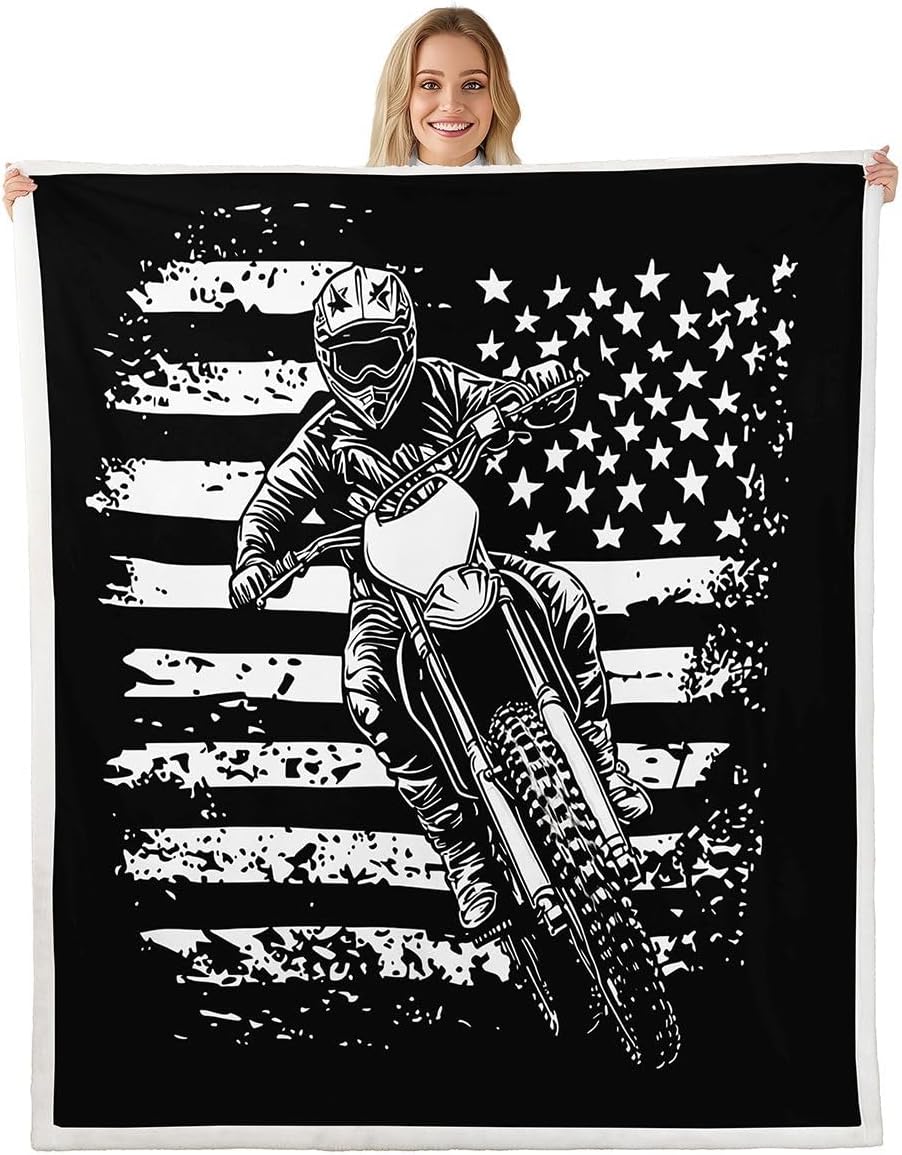 Dirt Bike Fleece Blanket for Kids Boys,American Flag Sherpa Blanket for Bed Couch Twin Size Men Teens Motorcycle Motocross Plush Blanket Motorcyclist Throw Blanket,Black Retro Style Blanket Soft Cozy