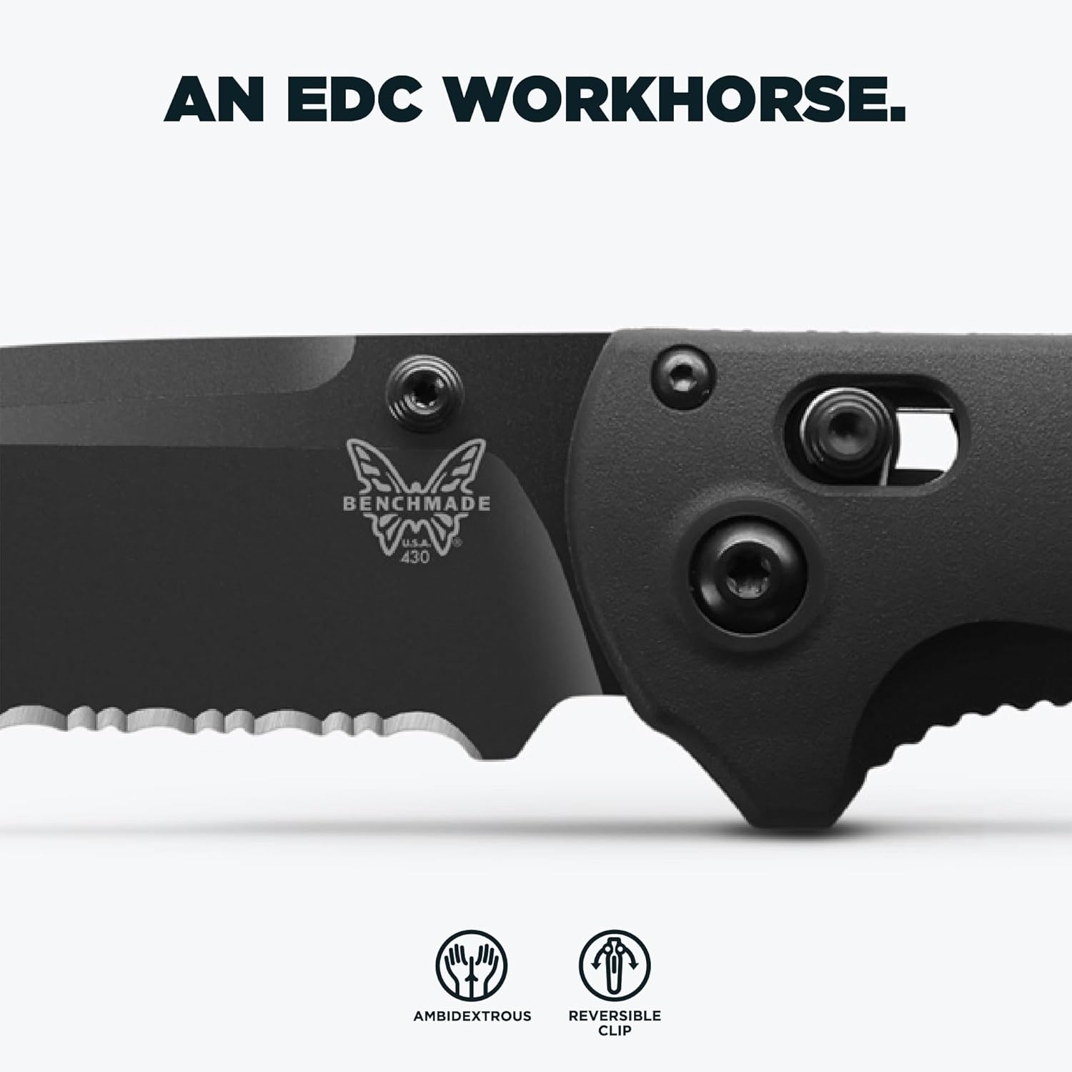 Benchmade - Redoubt Tactical, Every Day Knife, Serrated Edge, Drop-Point Blade with Black Grivory Handle (430SBK-02)