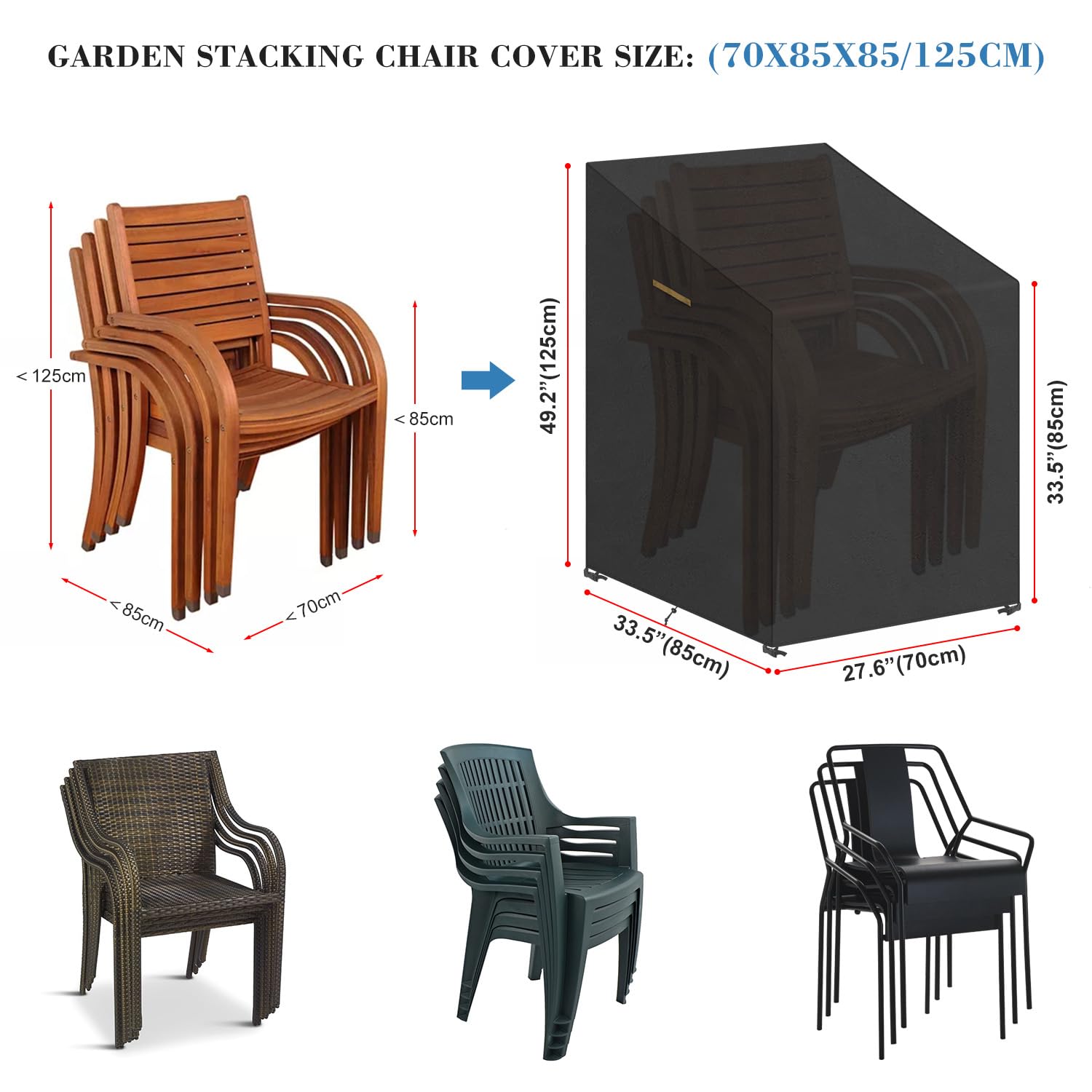 VANSHEIM Copertura Sedie Esterno Impilabili Copertura Protettiva Sedie da Giardino Copertura per Sedie da Giardino Impermeabile Anti-UV Oxford Telo Coprisedie da Esterno Impilabili 70x85x85/125cm