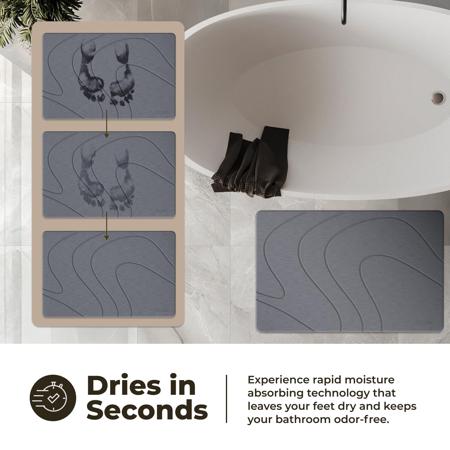 TOSORO, Alfombra de baño o ducha de piedra antideslizante de tierra de diatomeas, tapetes de baño absorbentes de secado rápido, diseño elegante y moderno, fácil de limpiar, 60 x 38 cm, Grafito
