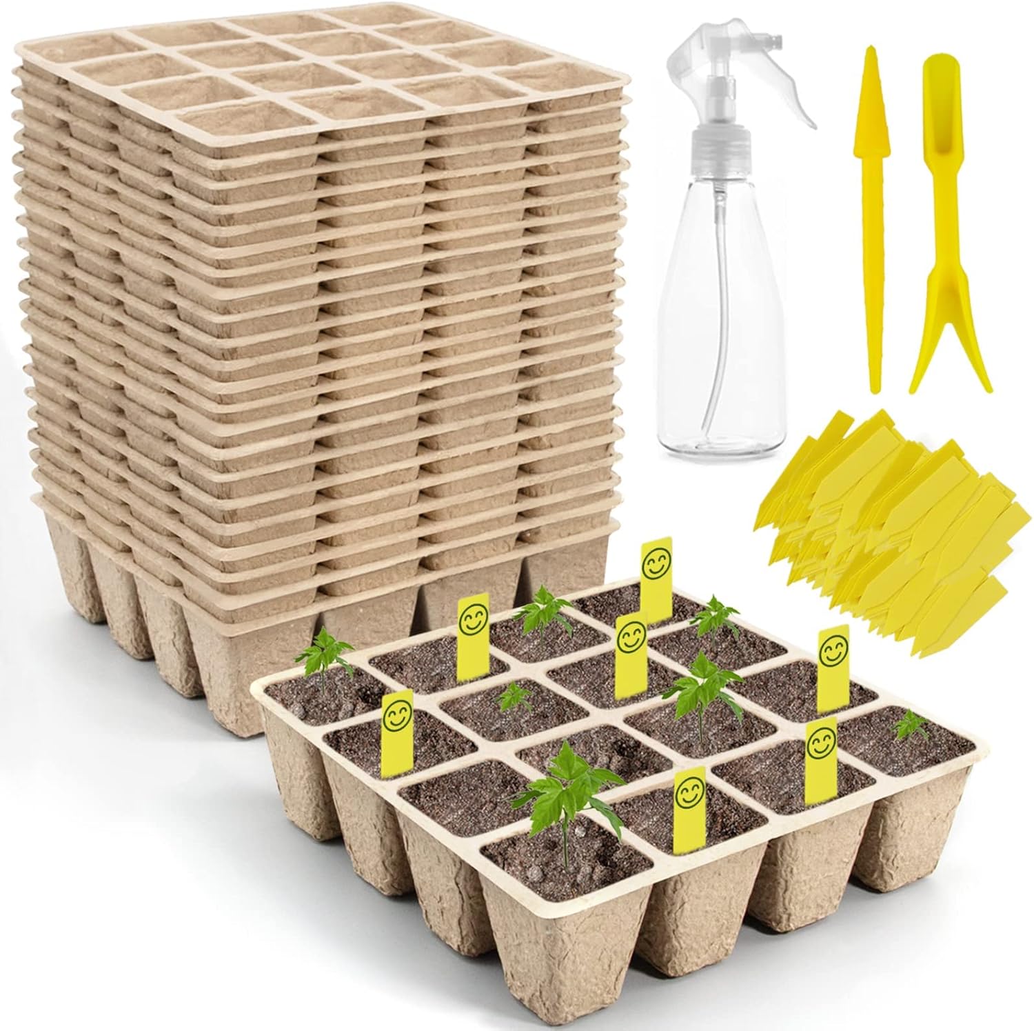 SYITCUN 640 Cells Seed Starter Tray, 40 Pack Seed Starter Kit, Peat Pots for Seedlings with 400 Plant Labels, 2 Seed Planting Tool and 1 Spray Bottle