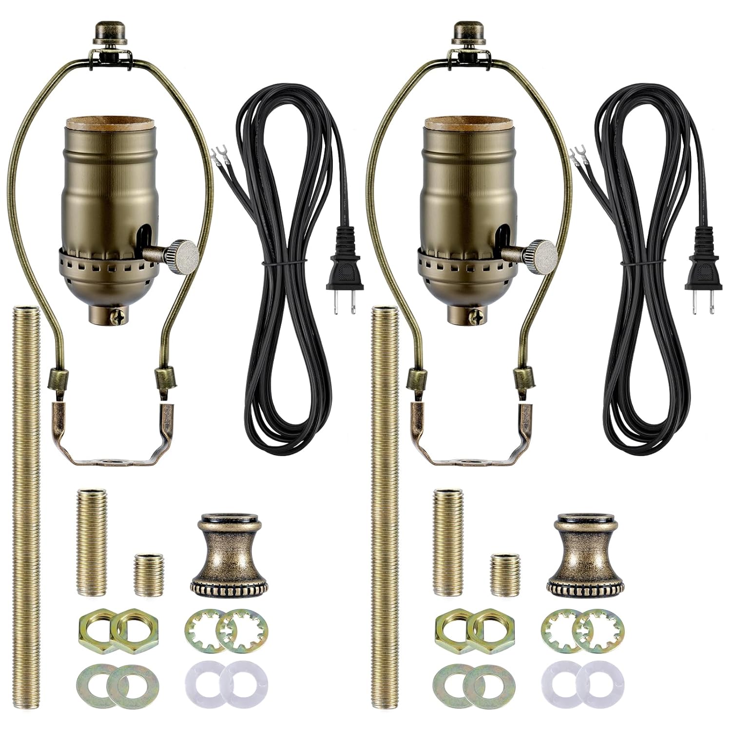 Lamp Making Kit, Make a Lamp or Repair Kit, 3-Way Light Socket with Matching Cord and Harp Set, Wiring Kit for Table Floor Lamp, Essential Hardware for DIY Light Design or Repair (Antique Brass, 2)
