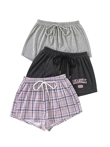 WDIRARA Women's 3 Pack Plaid Letter Graphic Pajama Shorts Elastic Waist Pj Lounge Shorts - XX-Large - Pink Grey Black