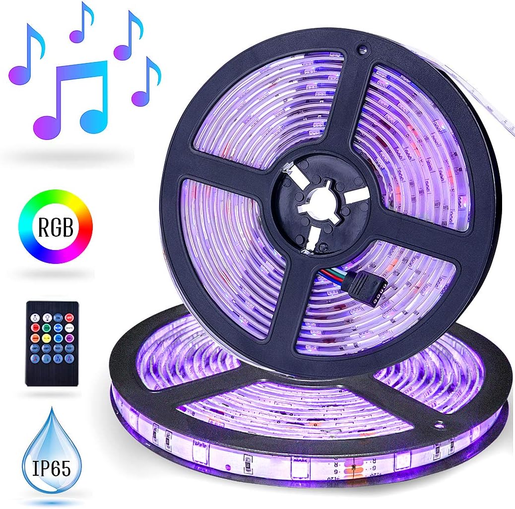 LED Strip Lights Music Sync, ESEYE 32.8ft IP65 Waterproof Flexible Self Adhesive Sound Activated RGB 300 LED Tape Light Neon Mood Lights Strip kit for Room Festival Illumination TV with Remote