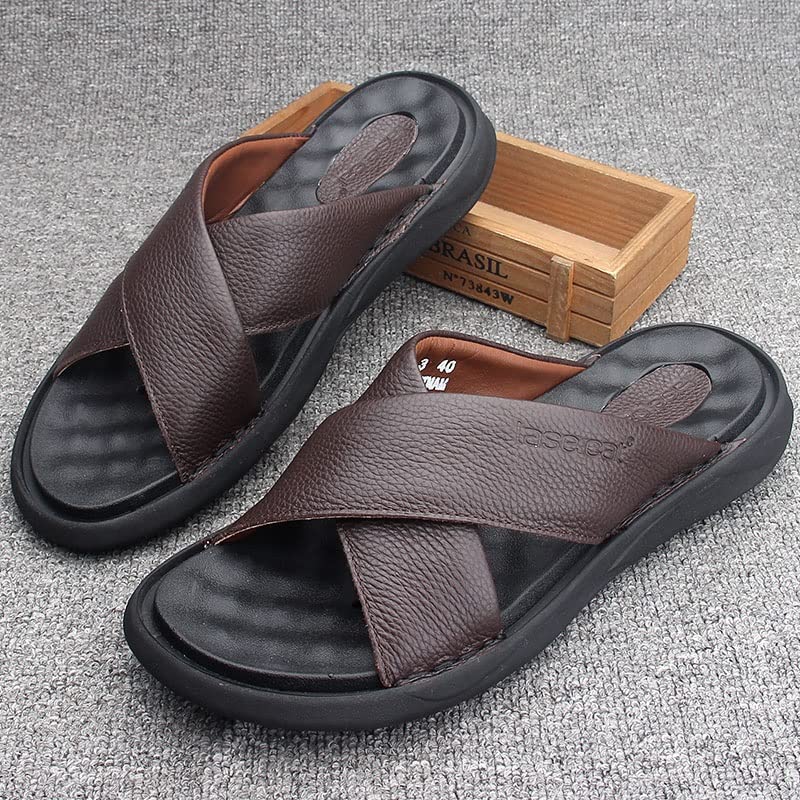 Breathable Flip-Flops Beach Men Slippers Leather Sport Sandals Lightweight Soft Sandals(D,43 Code)2