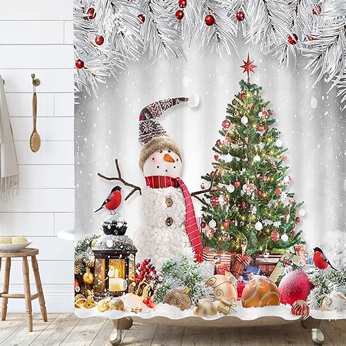 JAWO Cortina de ducha de invierno de Navidad, muñeco de nieve con árbol de Navidad, pájaros nevados, cortina de ducha de Navidad con ganchos, 69 x 70