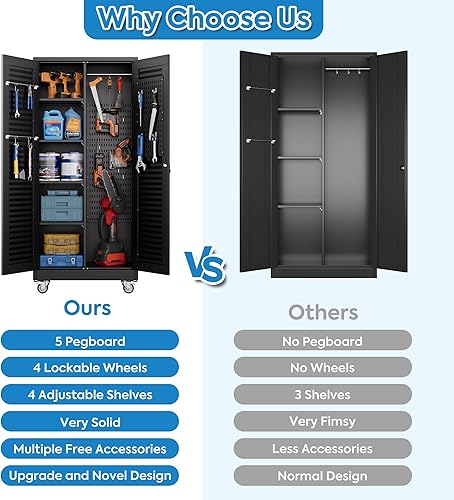 Miniatura 70 de Armario de almacenamiento de garaje con ruedas, gabinete de herramientas de metal de 35.43 pulgadas de alto con tablero de clavijas y 4 ganchos