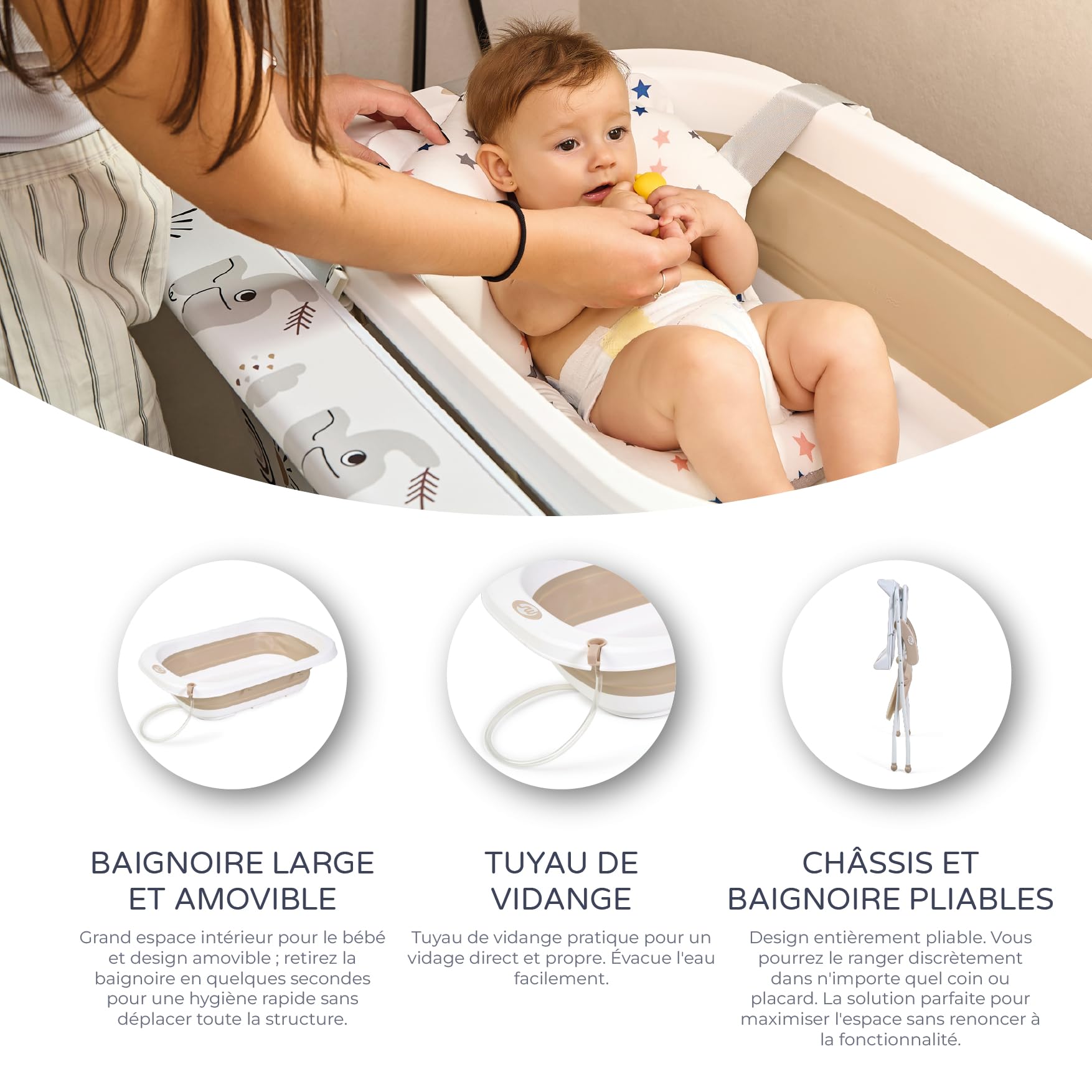 MS BabyWorld - Baignoire haute ZOE + Réducteur | Matelas à langer, coussin réducteur et panier | Confortable et facile à ranger | Avec bouchon et tuyau de vidange, pieds antidérapants, Pliable (Beige)
