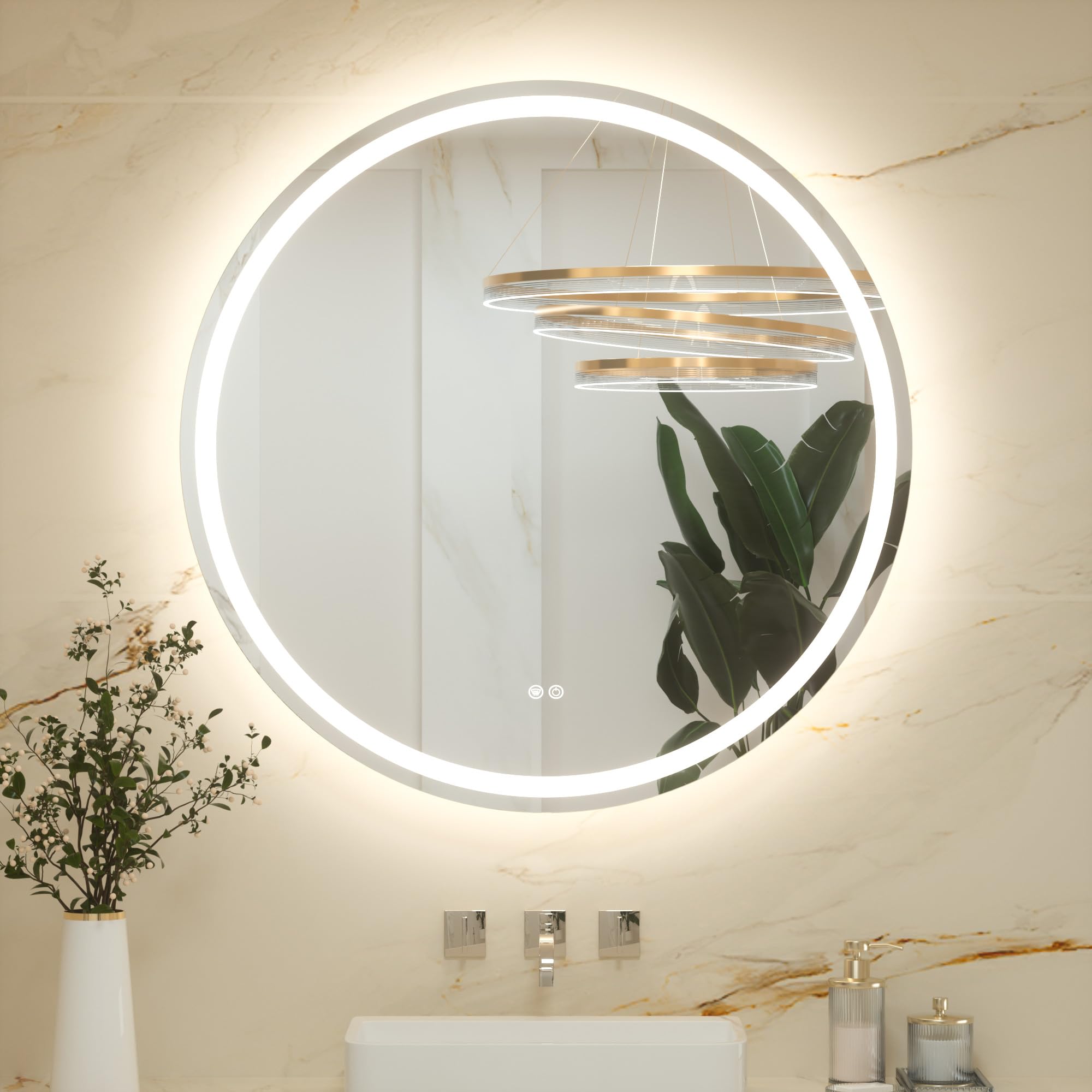 Keonjinn 90cm Round Bathroom Mirror with LED Lights, Illuminated Light Up Bathroom Mirror with Back and Front Lit Light, Anti-Fog Wall Mounted Vanity Mirrors 3 Colors Dimmable, Memory Function