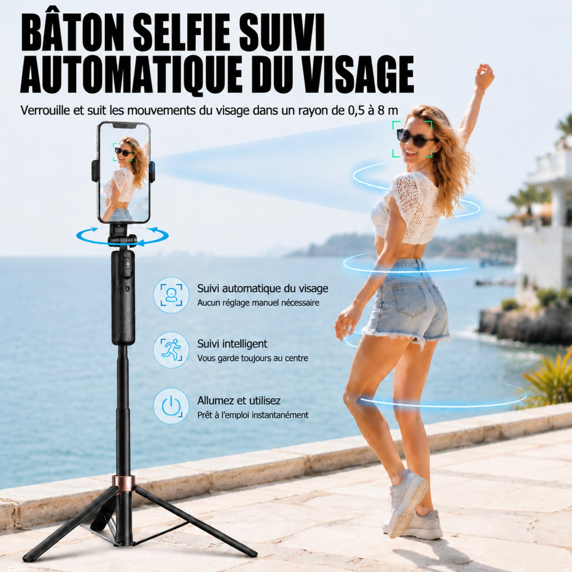 Trépied de téléphone portable pour smartphone - Rotation à 360° - Perche à selfie automatique avec 4 pieds - 160 cm - Avec télécommande - Contrôle par gestes - Pour Vlog Live Stream Travel
