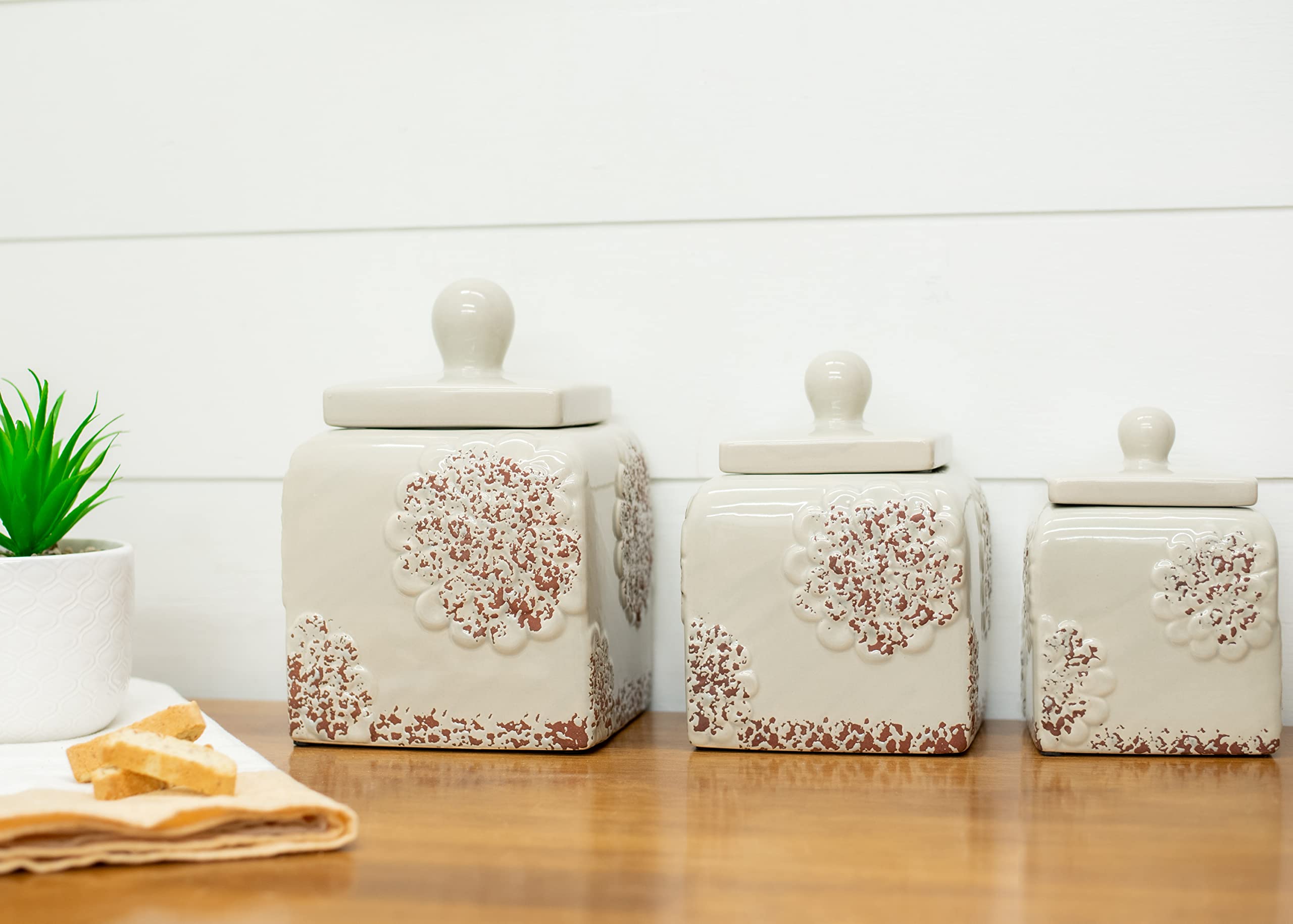 Floral Grey - Juego de 3 recipientes de cerámica para almacenamiento de alimentos, 10, 9, 8 pulgadas, color gris