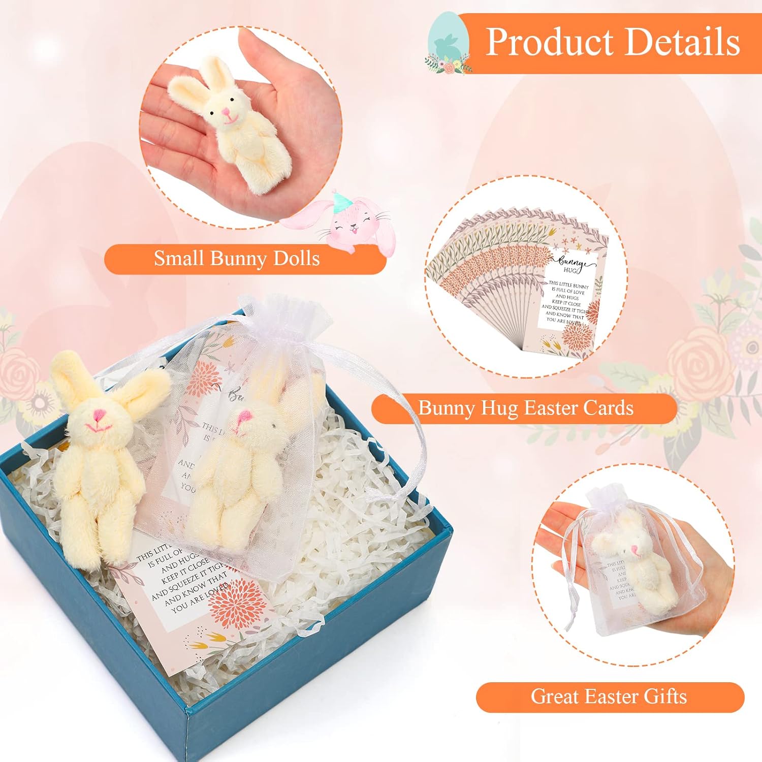 Fuutreo 24 Sets Bunny Stuffed Animal Gift Easter Decorations Mini Plush Bunny Stuffed with Thank You Hug Cards Organza Bags for Easter Employee Teacher Students Birthday Party Favors(Pink Nose Bunny)