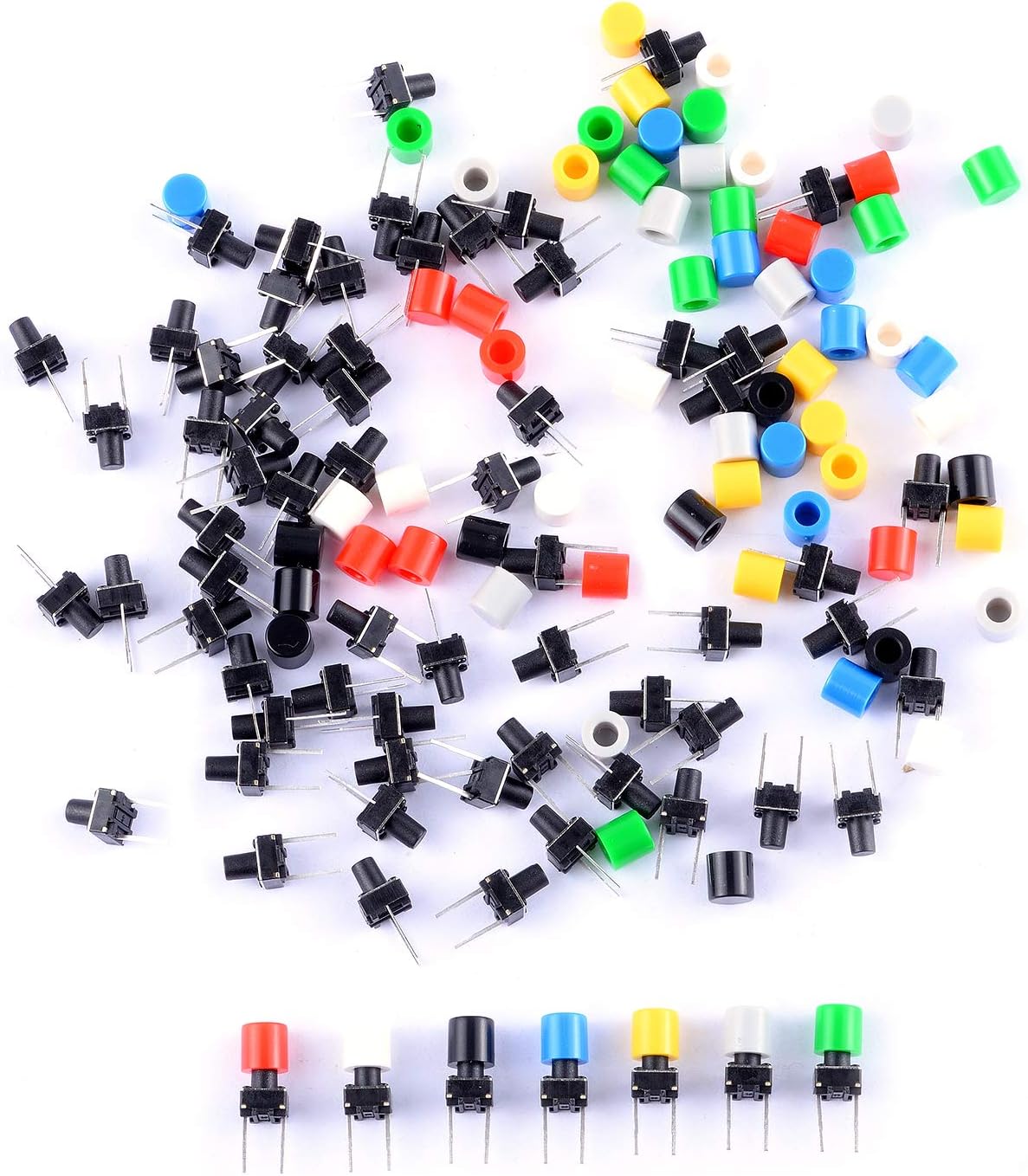 70Pcs 6×6×8mm Momentary Tactile Tact Push Button Switch with Button Caps of 7 Color for Breadboard Arduino (Pack of 70) CYT1115