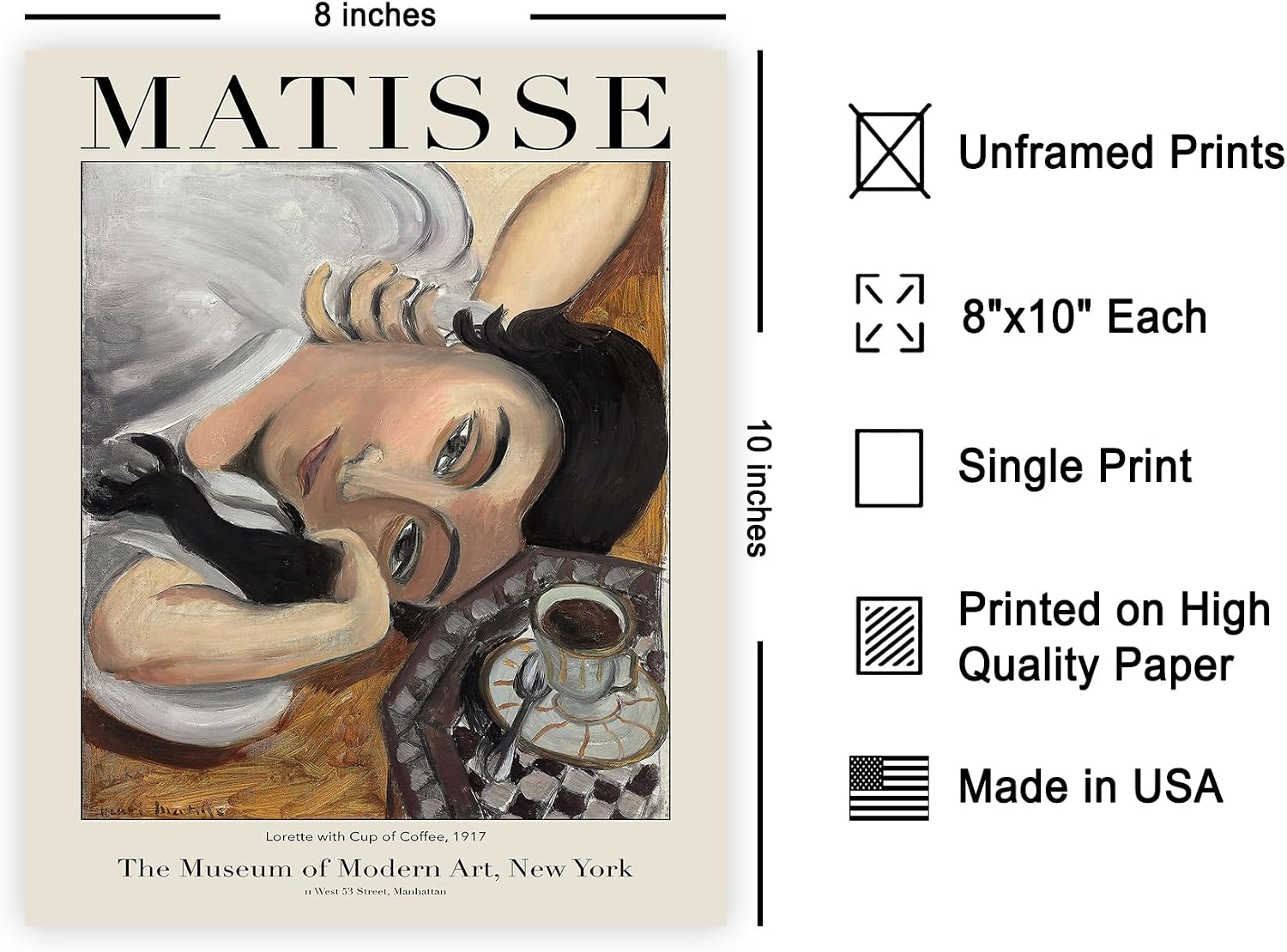 Poster Master Vintage Henri Matisse Poster - Retro Laurette with a Cup of Coffee Painting Print - Expressionism Art - Gift for Her, Woman - Decor for Home, Office, Bedroom - 8x10 UNFRAMED Wall Art