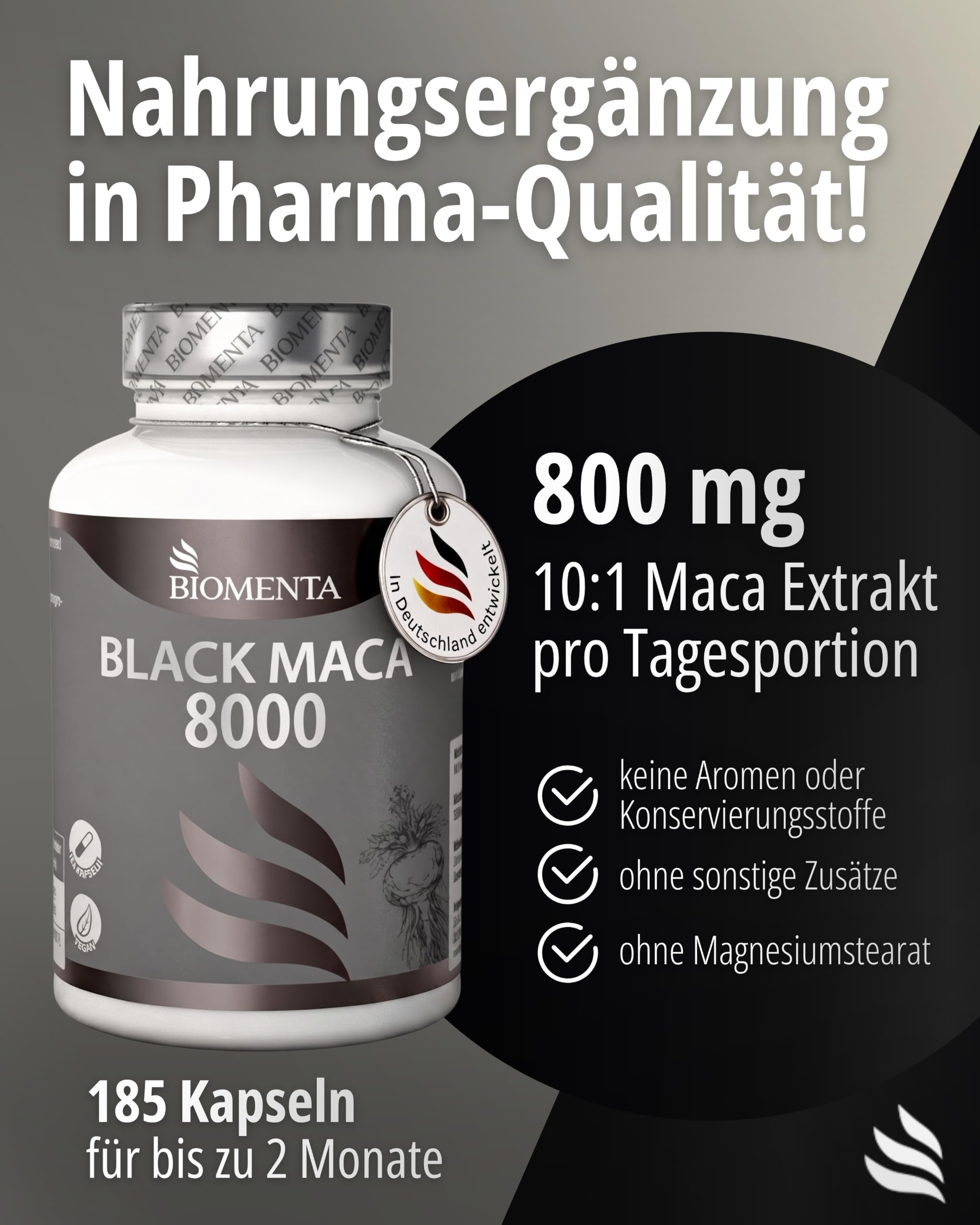 BIOMENTA Black Maca I 185 Kapseln mit 800 mg Extrakt pro Tagesportion I Pflanzliches Nahrungsergänzungsmittel ohne Zusatzstoffe I Vegan & ohne Magnesiumstearat I Geprüft in Deutschland (Packung mit 2)