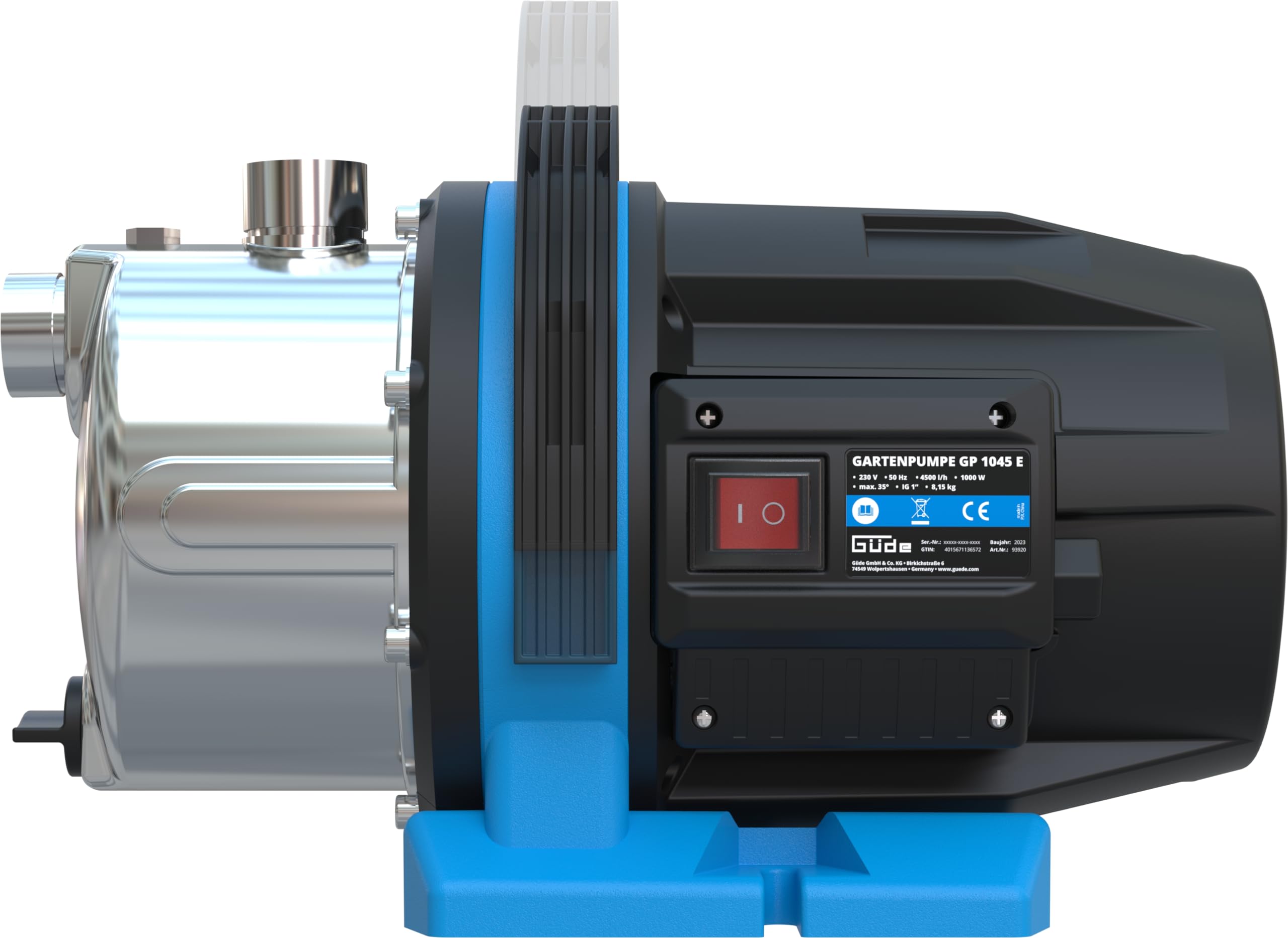 Güde Gartenpumpe GP 1045 E (1000 W, Fördervolumen: 4500 l/h, max. Förderhöhe: 45 m, max. Ansaughöhe: 8 m, Pumpengehäuse aus Edelstahl, Noryllaufrad, Thermoschutzschalter, ergonomischer Tragegriff)