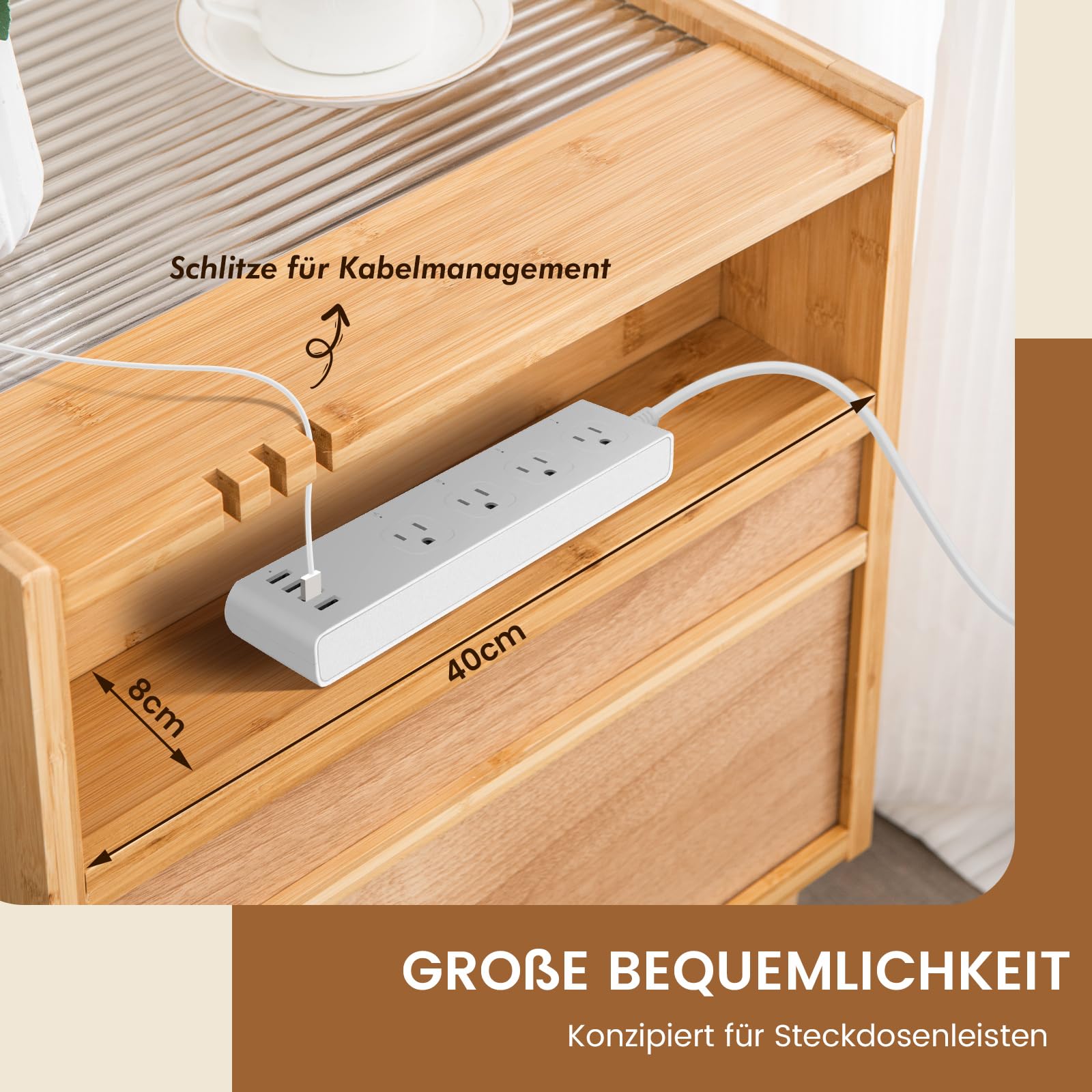 RELAX4LIFE Nachttisch mit Rattan-Schublade & Offenem Regal, Nachtschrank mit Glastischplatte & Kabelschlitze, Nachtkonsole aus Bambus, Beistelltisch für Wohnzimmer Schlafzimmer (2, Natur)
