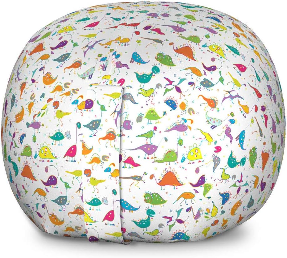 Ambesonne Funny Cartoon Storage Toy Bag Chair, Colorful Design and Shapes of Dinosaur Motifs Doodle Animal Drawings, Stuffed Animal Organizer Washable Bag, Large Size, Multicolor