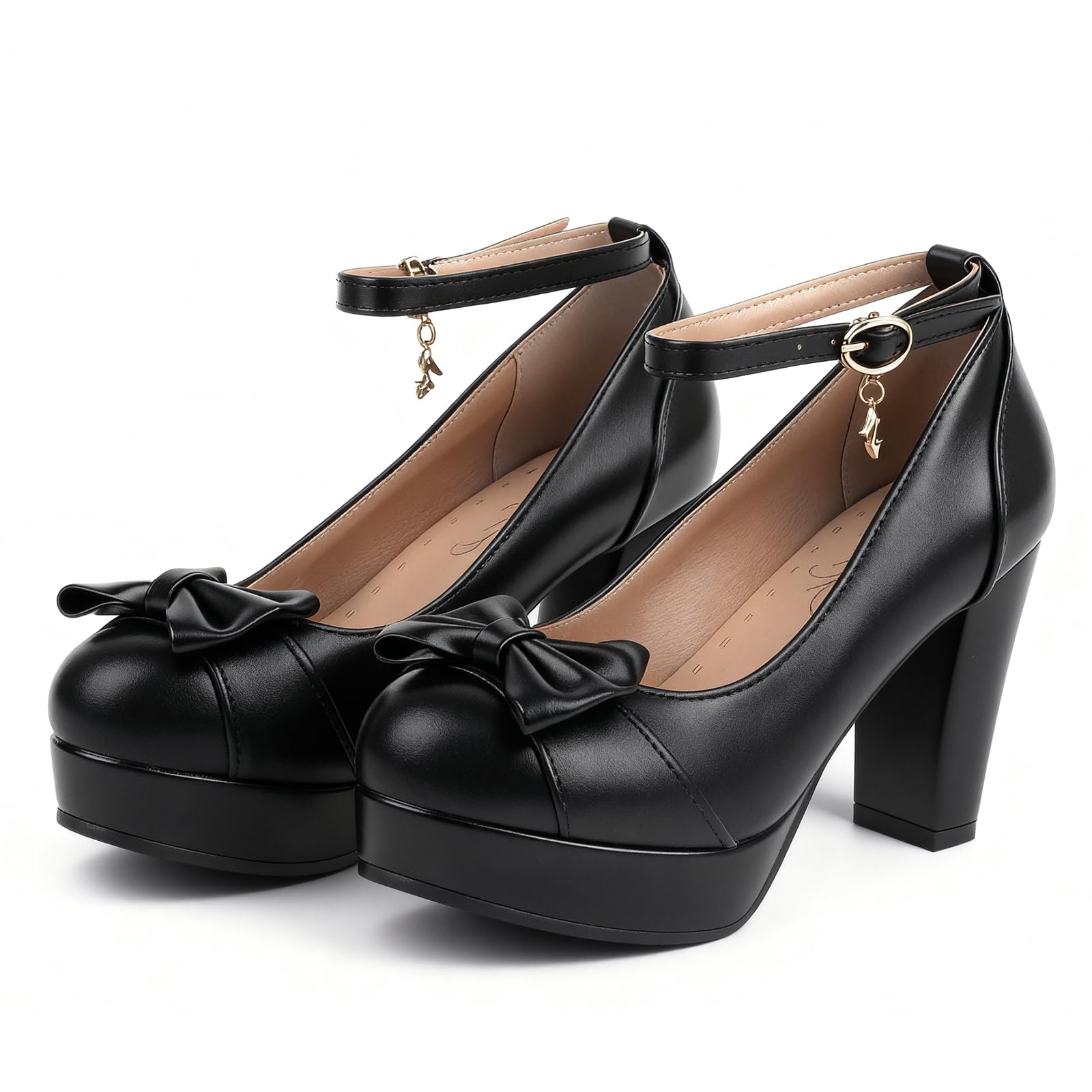 BEAUPAS Women's Buckle Ankle Strap Chunky Heels Platform High Heel Pump Bow Cute Shoes