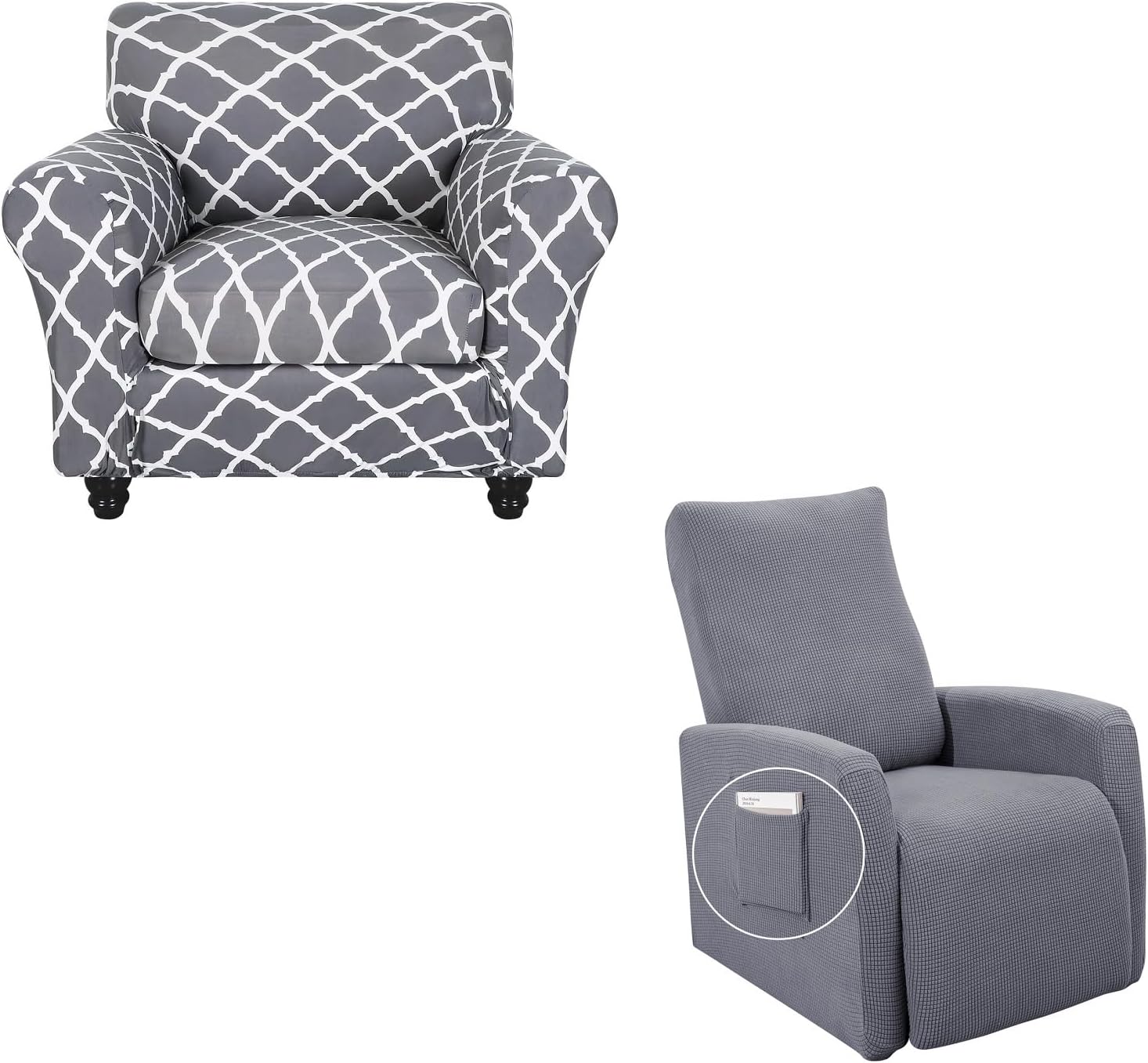 SearchI Modern Floral Printed Armchair Slipcover, 4 Piece, Grey, Polyester, Reclining, Adult, 32-48 inches, 7.4 inches Backrest, 3 Reclining Positions