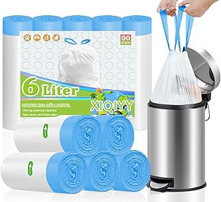XIQIYY Bolsas de basura pequeñas de 6 l con cordón, 90 unidades, con asa, color blanco, adecuadas para cubos de basura de 5 L y 10 litros
