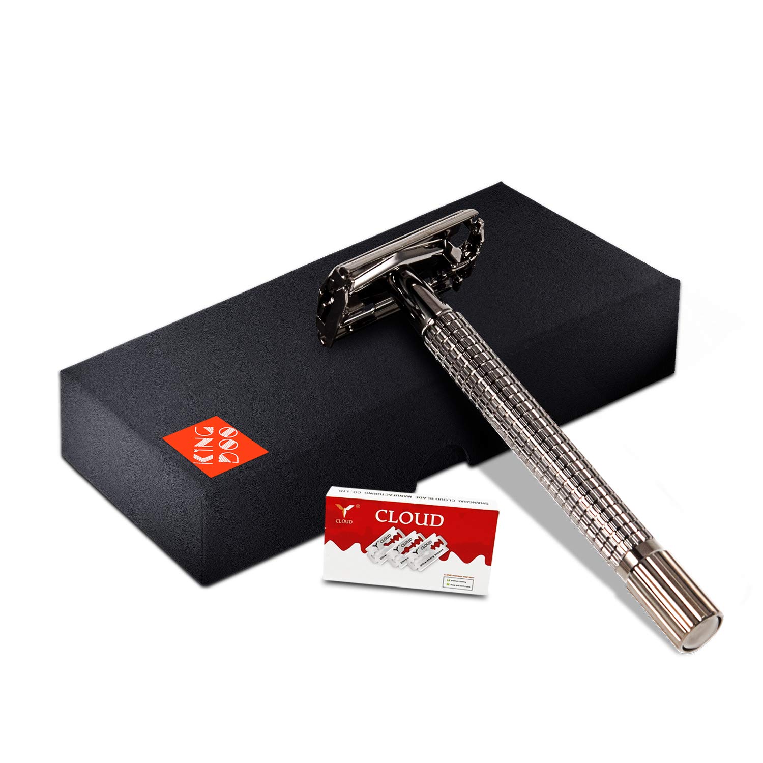 KING DOO Double Edge Safety Razor, Classic Long Handle Butterfly Open Shaving Razor with 10 Blade Refills (Gunmetal)