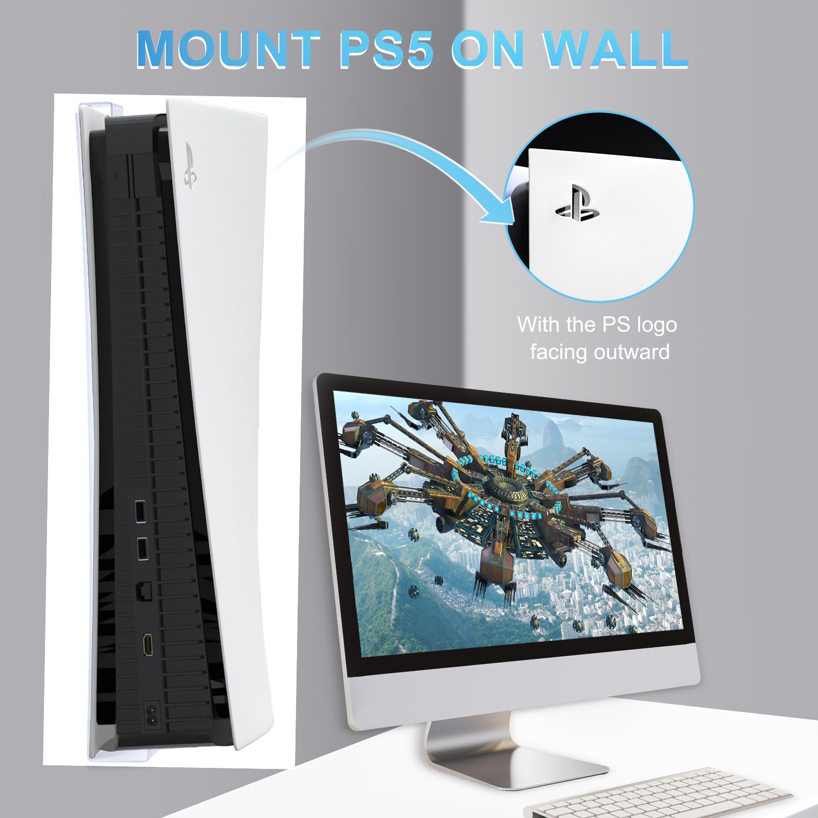 Uchwyt ścienny PS5, uchwyt ścienny do Playstation 5 (Disc and Digital Edition), wytrzymały stalowy uchwyt ścienny PS5 Playstation 5 z uchwytem na kontroler i wieszakiem na słuchawki, śrubami,