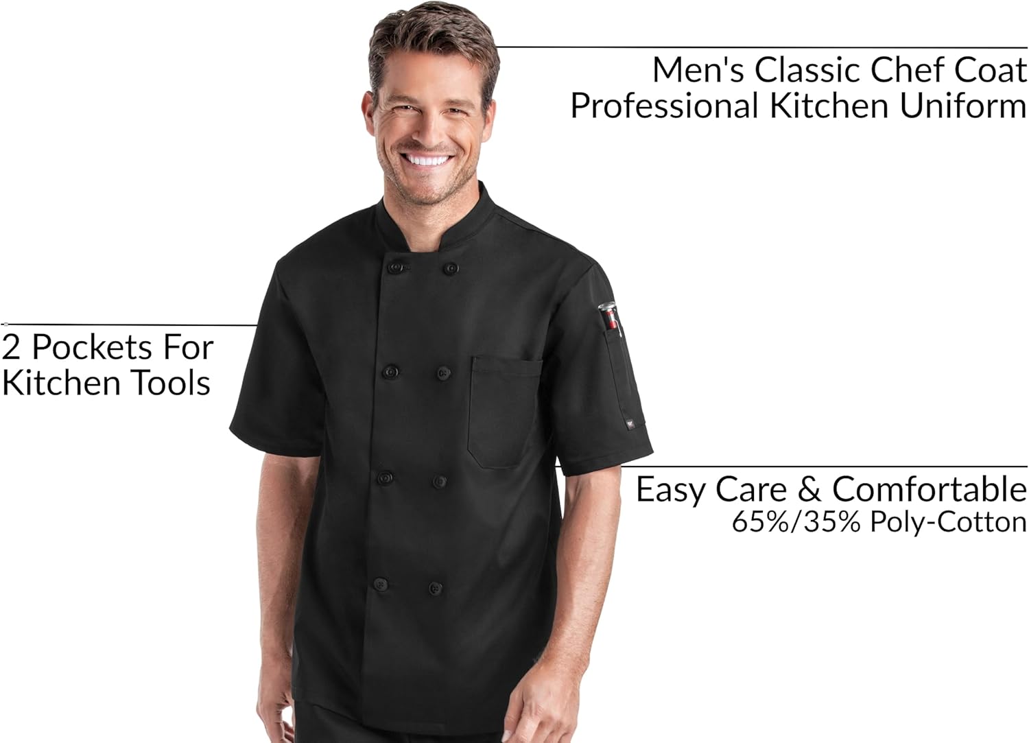 On The Line Men's Chef Coat - Double Breasted, Short Sleeve Kitchen Jacket - Image 3