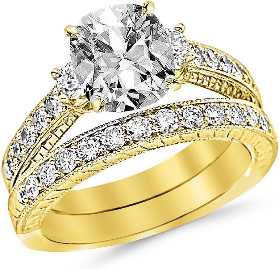14K White Gold 3 Carat LAB GROWN DIAMOND Three Stone Vintage With Milgrain & Filigree Bridal Set with Wedding Band & Cushion Cut Diamond Engagement Ring (E-F Color VS2-SI1 Clarity 2 Ct Center)