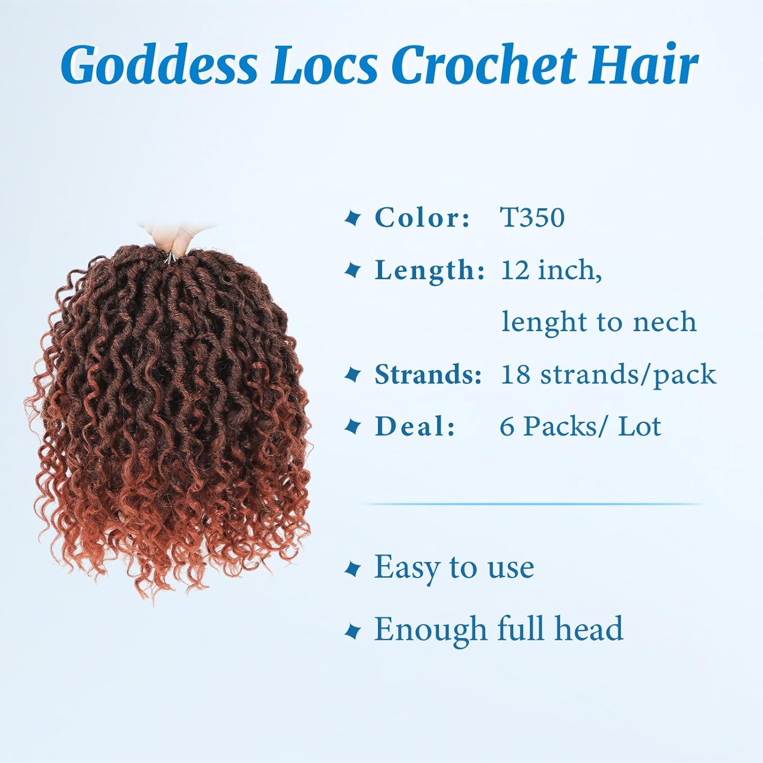 Goddess Locs Crochet Hair 12 Inch Goddess Faux Locs Crochet Hair for Black Women Pre Looped Long-Lasting & Low-Maintenance 6 Packs Ginger Crochet Locs with Curly Ends for Full Head