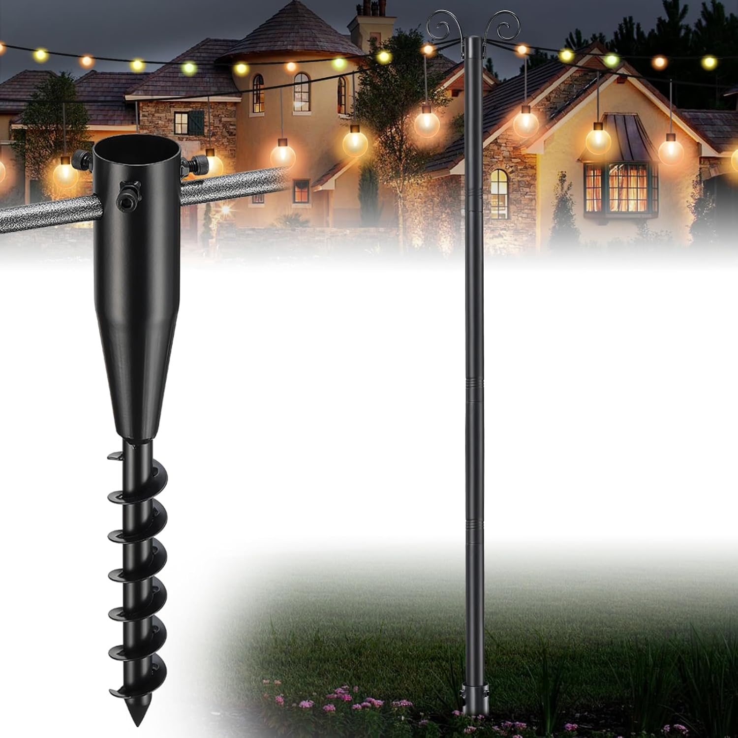 String Light Poles for Outside 10 FT - 2 Pack Outdoor Patio Decor Poles for String Lights Hanging, Heavy Duty Auger Ground Anchor, 1.5 inch Diameter Adjustable Metal Post