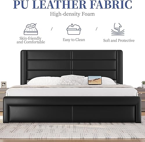Miniatura 4 de Yaheetech Base de cama tamaño King con 2 estaciones de carga USBpuerto para cajones de almacenamiento tipo A y tipo C4, plataforma tapizada de cuero
