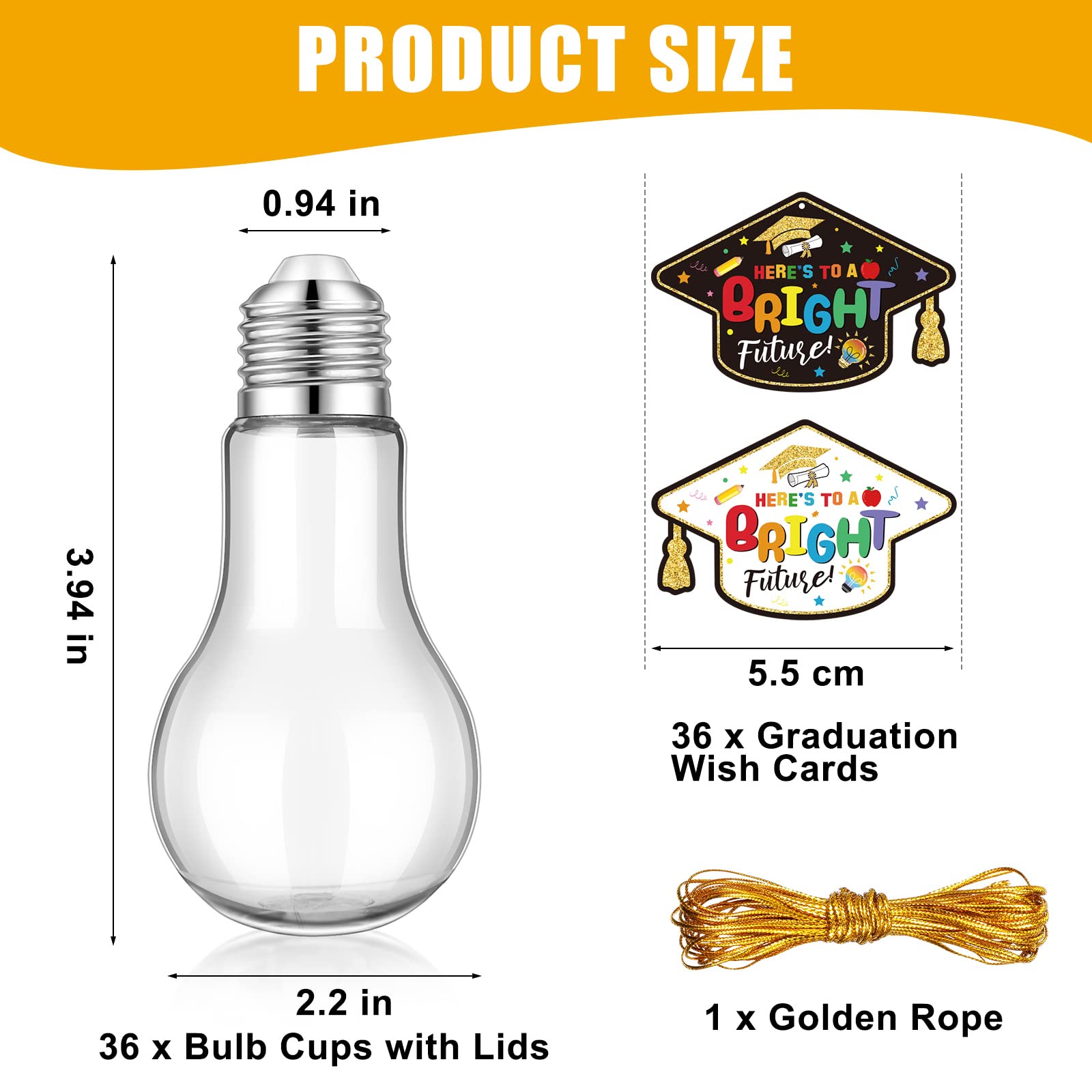 Sabary 36 Pack 2025 Graduation Gifts 100 ML Plastic Light Bulb Jars with Graduation Cards, Light Bulb Candy Container Drinking Cups Fillable Drink Ornaments Clear Candy Jars For 2025 Grad Party